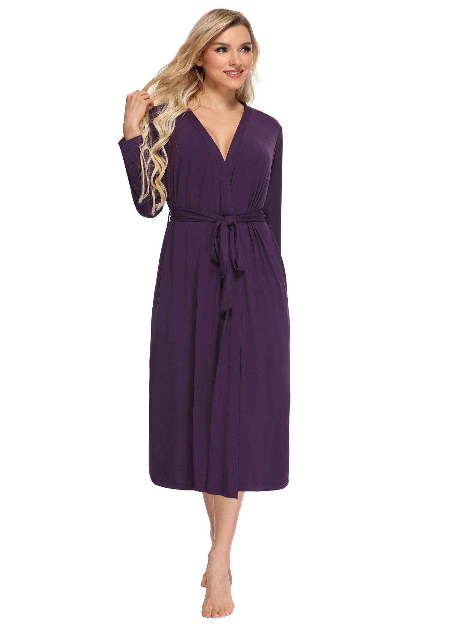 Women's Bamboo Viscose Robes Long Sleeves Bathrobe with Pockets - Latuza