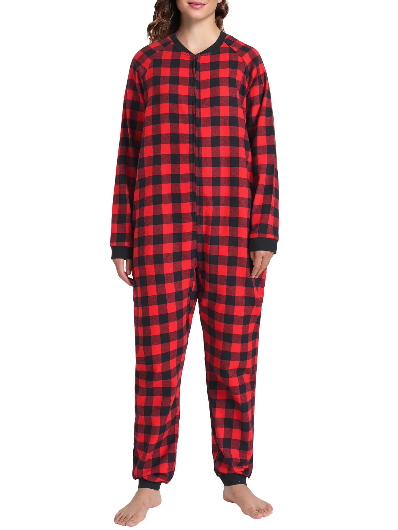 Women's Flannel Zipper Onesie Long Sleeves Pajama Jumpsuit - Latuza