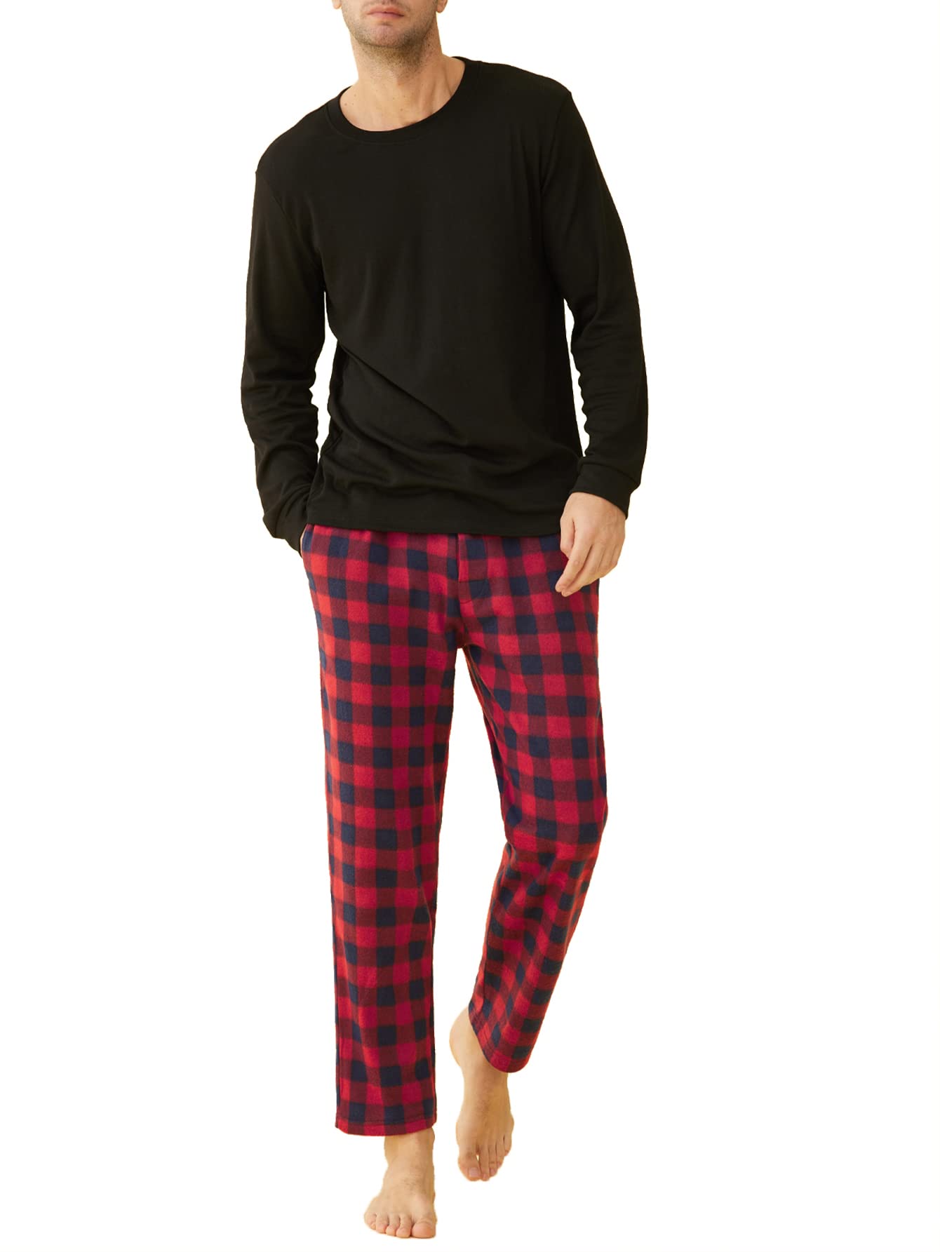 Men's Long Sleeves Top Fleece Plaid Pants Pajama Set - Latuza