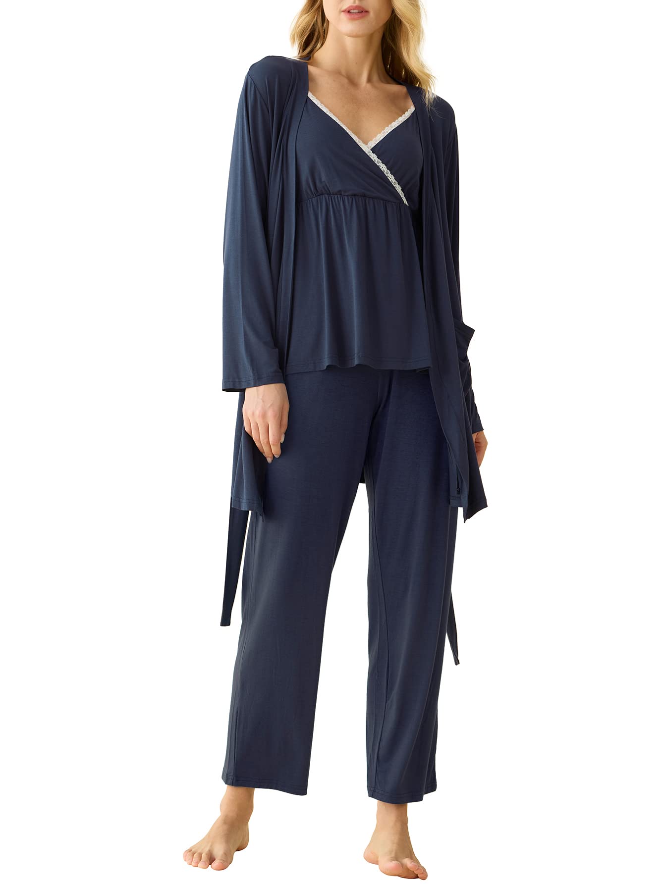 Women's Bamboo Viscose 3 Piece Nursing Pajama Set with Robe - Latuza