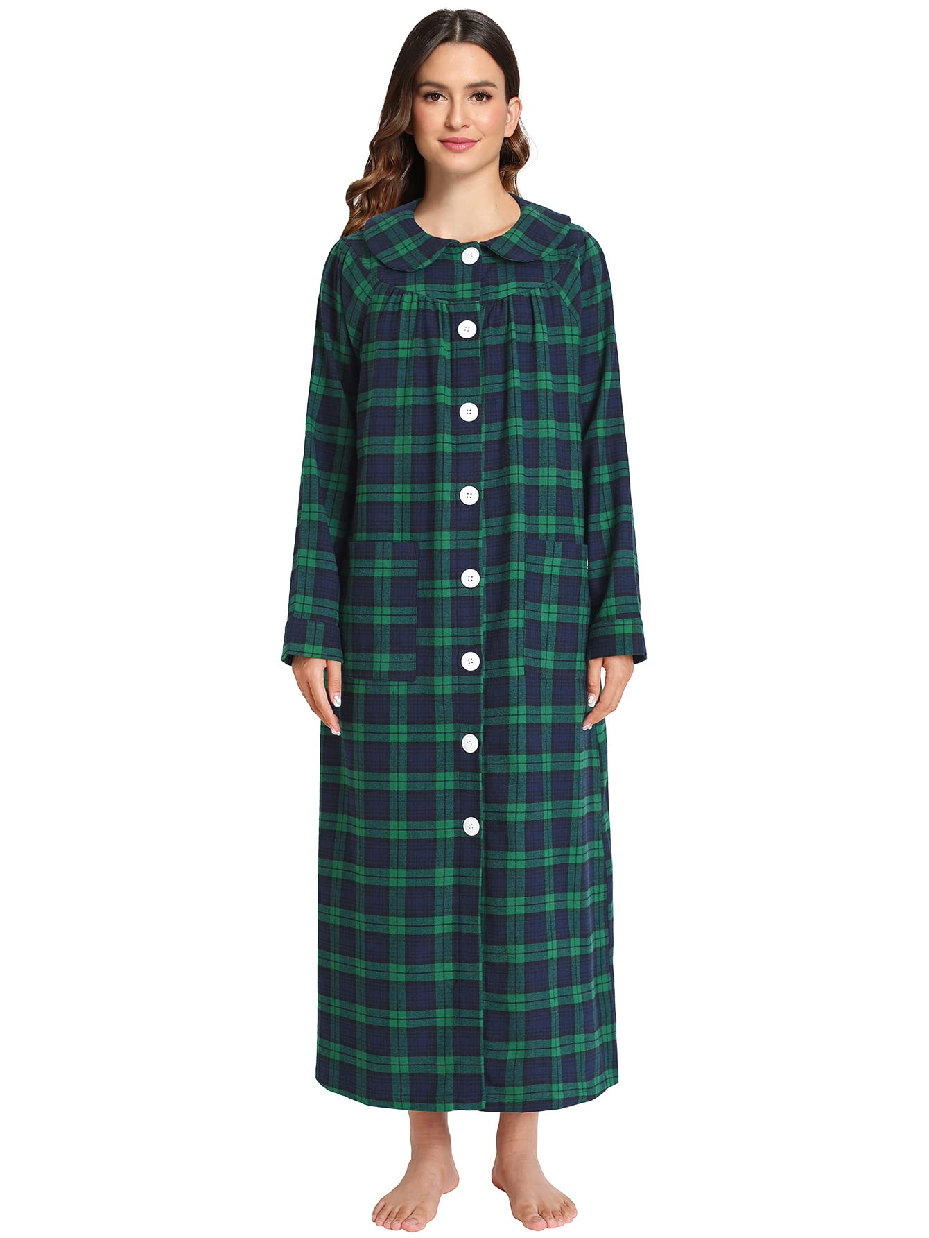 Women's Cotton Flannel Button Up Robe Long Sleeves Housecoat - Latuza