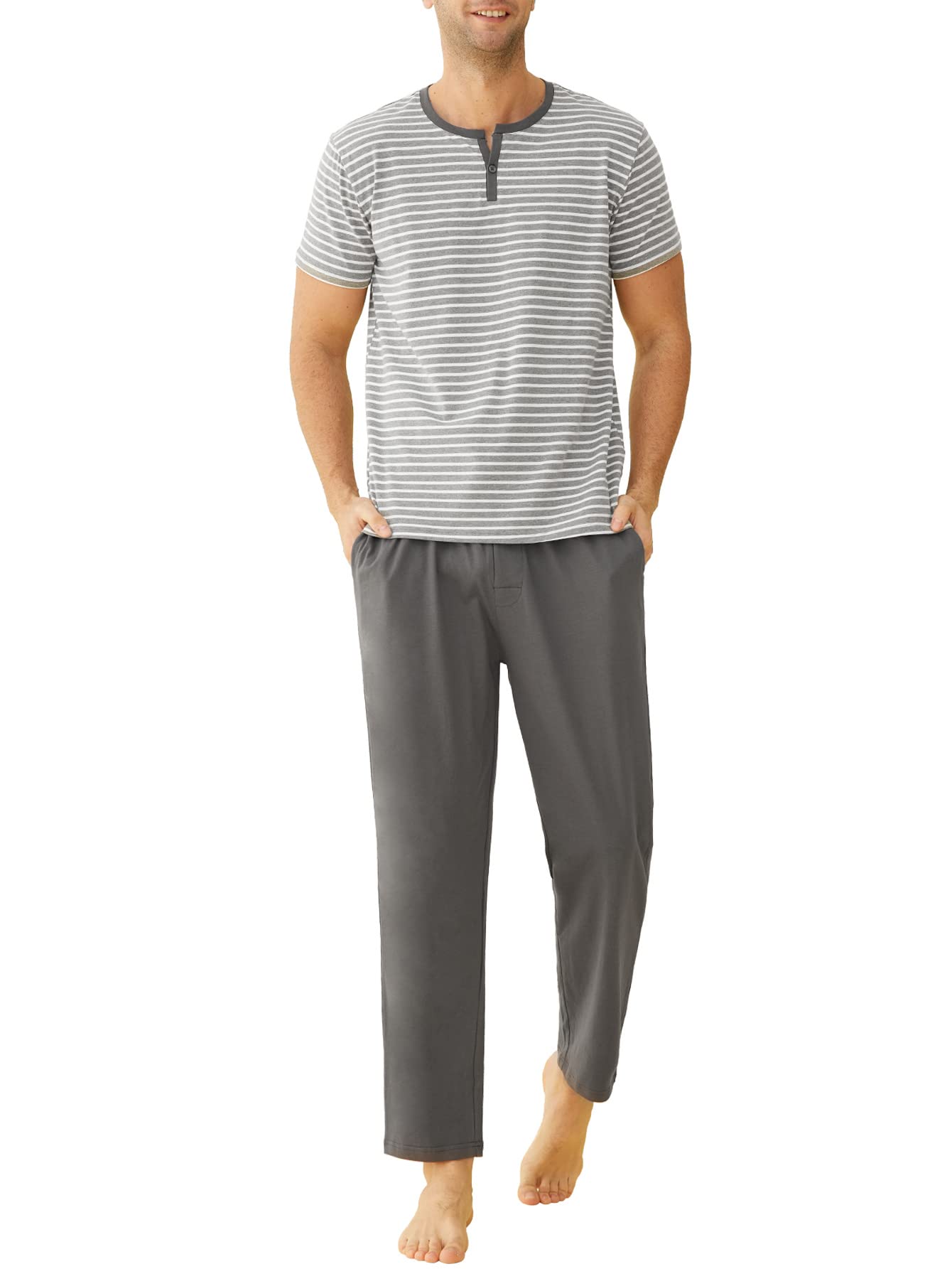 Men's Cotton Pajamas Set Striped Top Sleep Pants with Pockets - Latuza