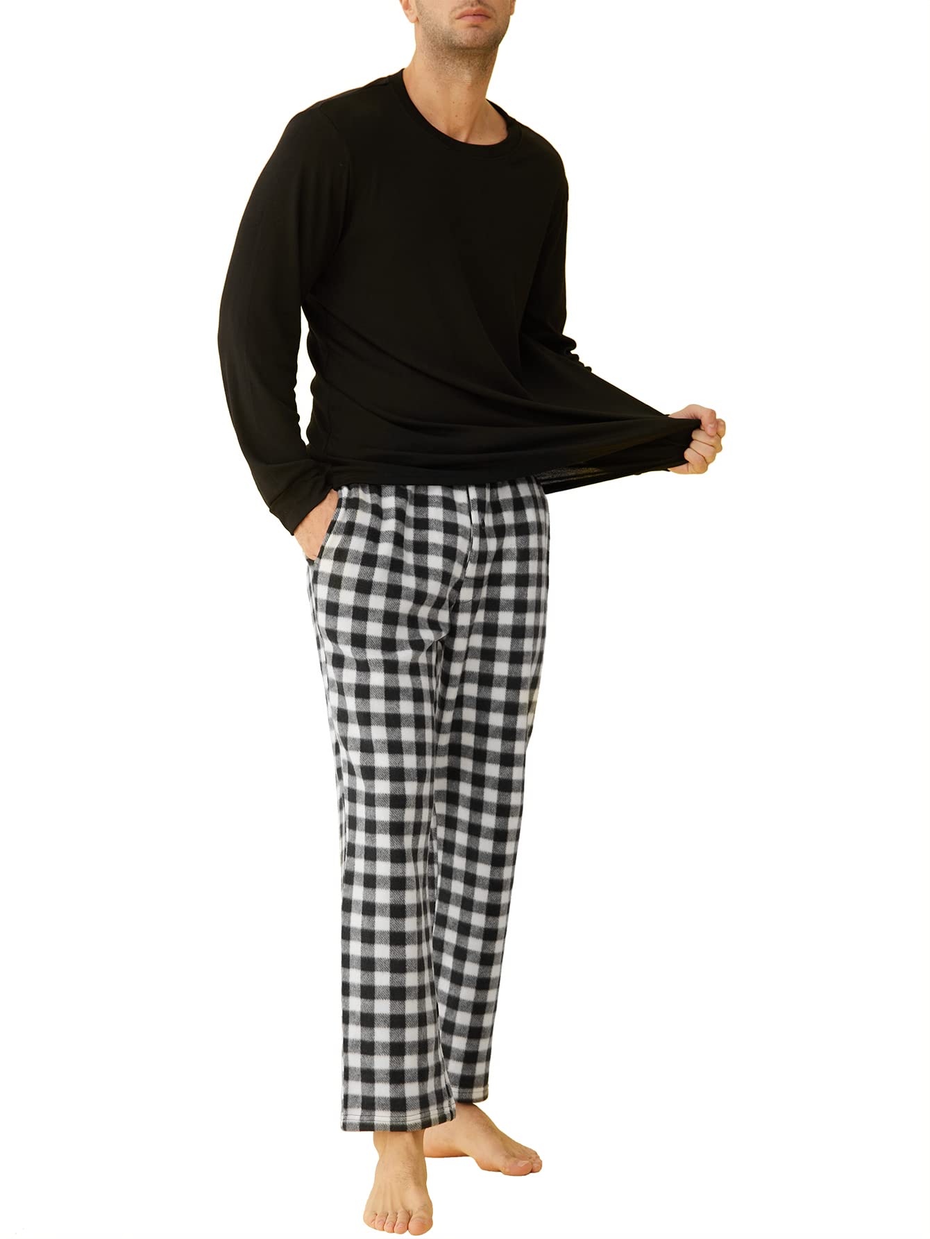 Men's Long Sleeves Top Fleece Plaid Pants Pajama Set - Latuza