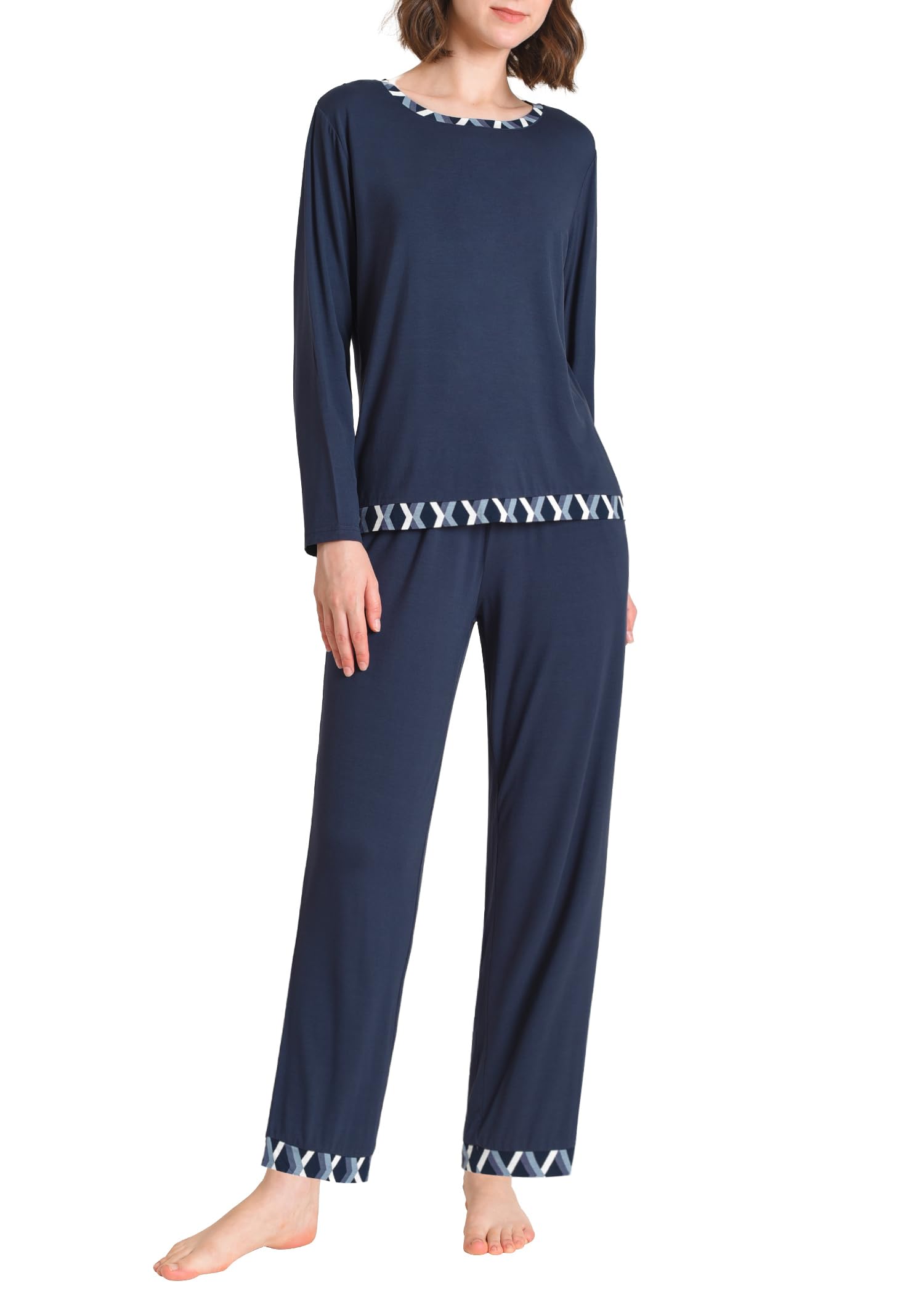 Dagi Long Sleeve Ribbed Viscose Knitted T-Shirt & Trousers Pyjama Set, Set Pigiama da Donna, Blue Dagi Long Sleeve Ribbed Viscose Knitted T-Shirt & Trousers Pyjama Set, Set Pigiama da Donna, Blue
