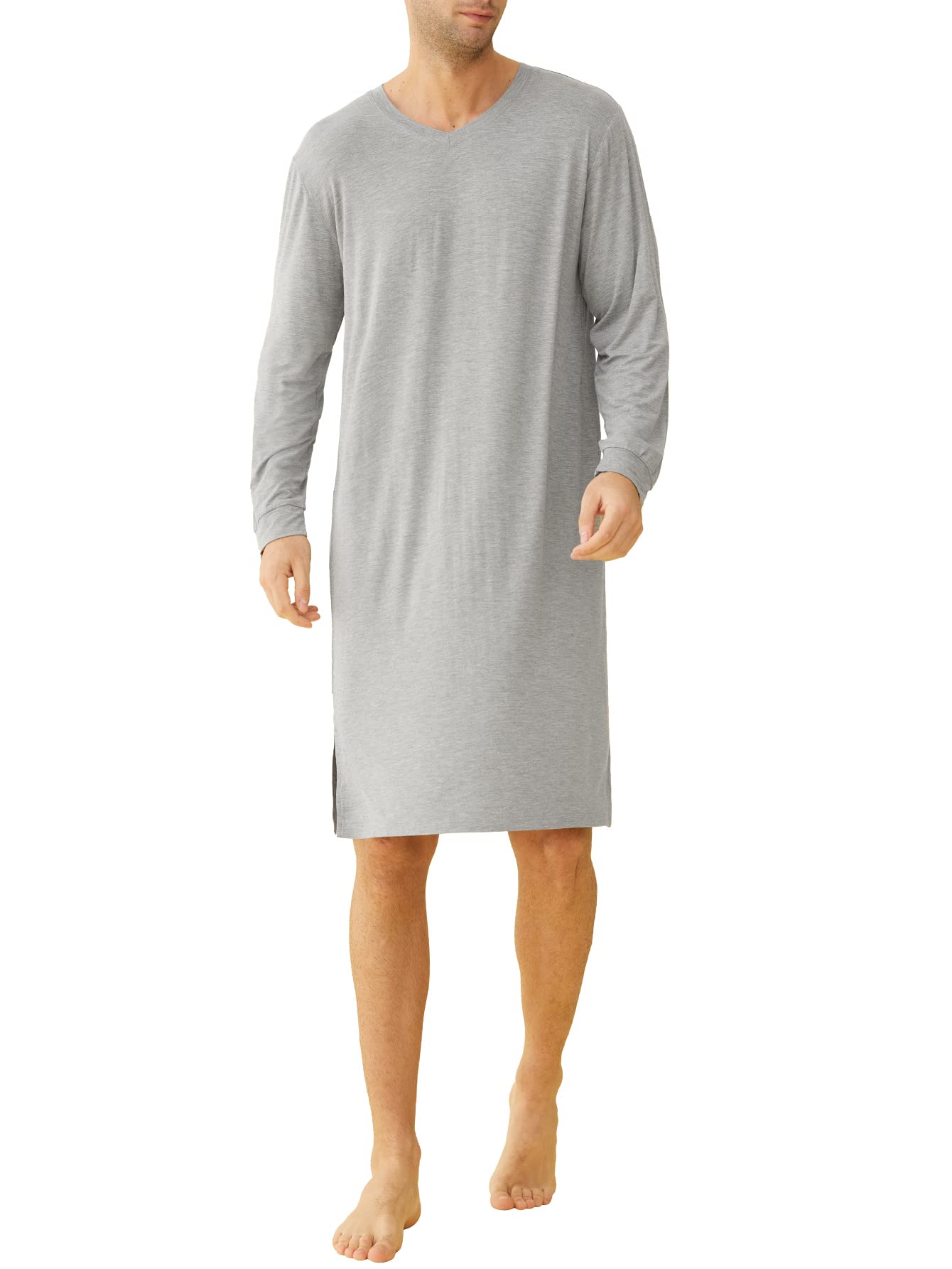 Men's V Neck Nightshirt Long Sleeves Sleep Shirt Nightgown - Latuza