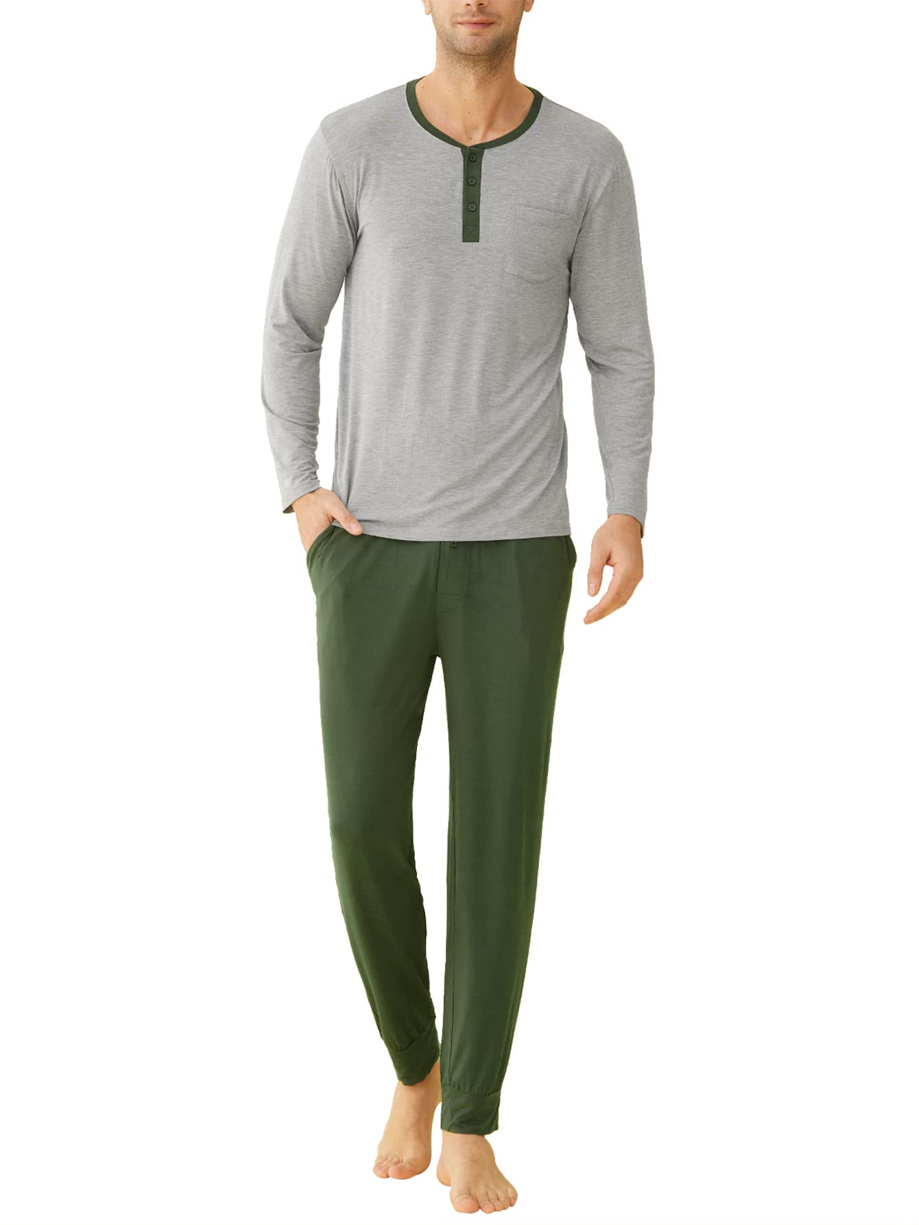 Men's Bamboo Viscose Pajamas Set Henley Long Sleeves Top Pants