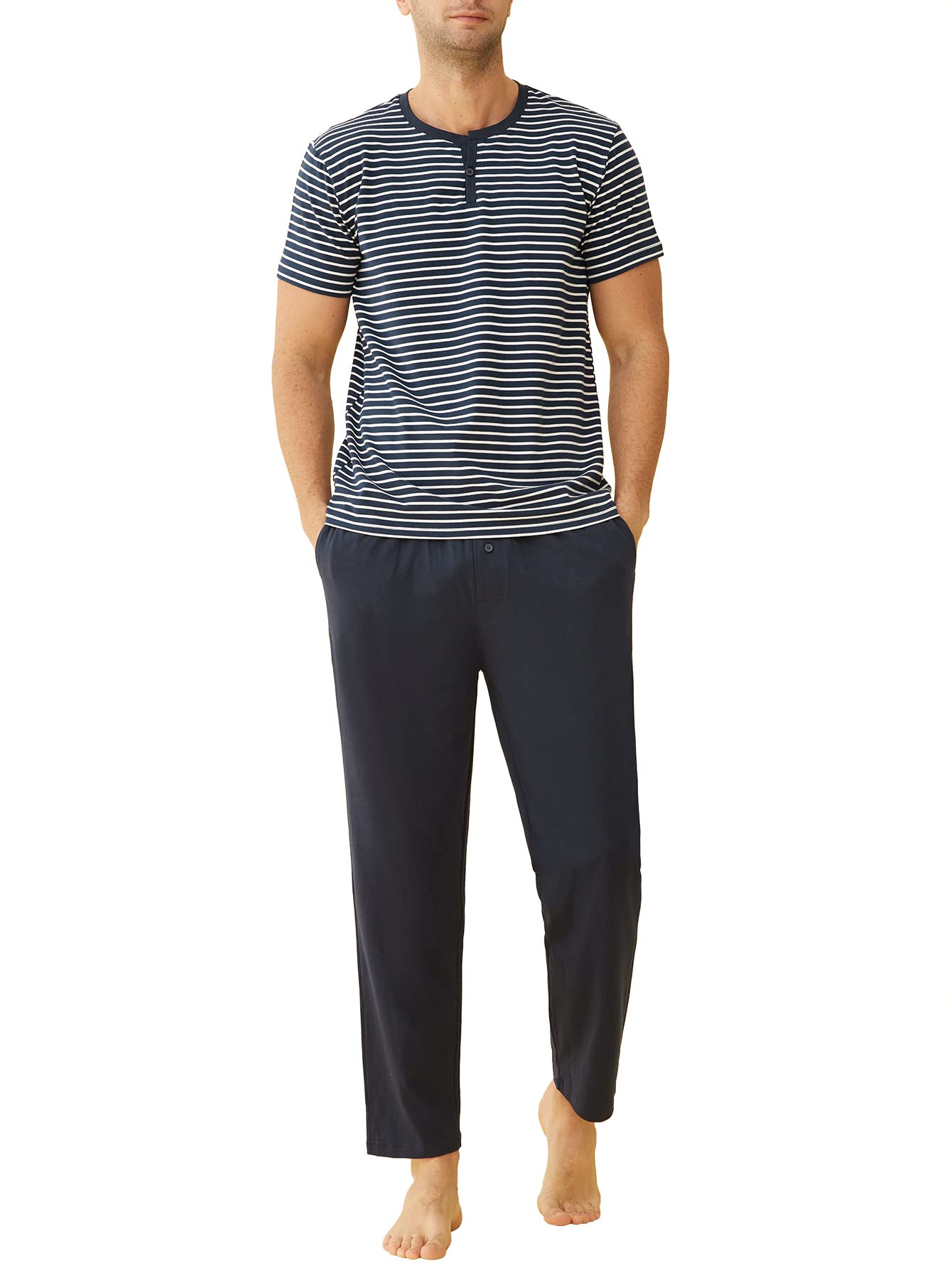 Men's Cotton Pajamas Set Striped Top Sleep Pants with Pockets - Latuza