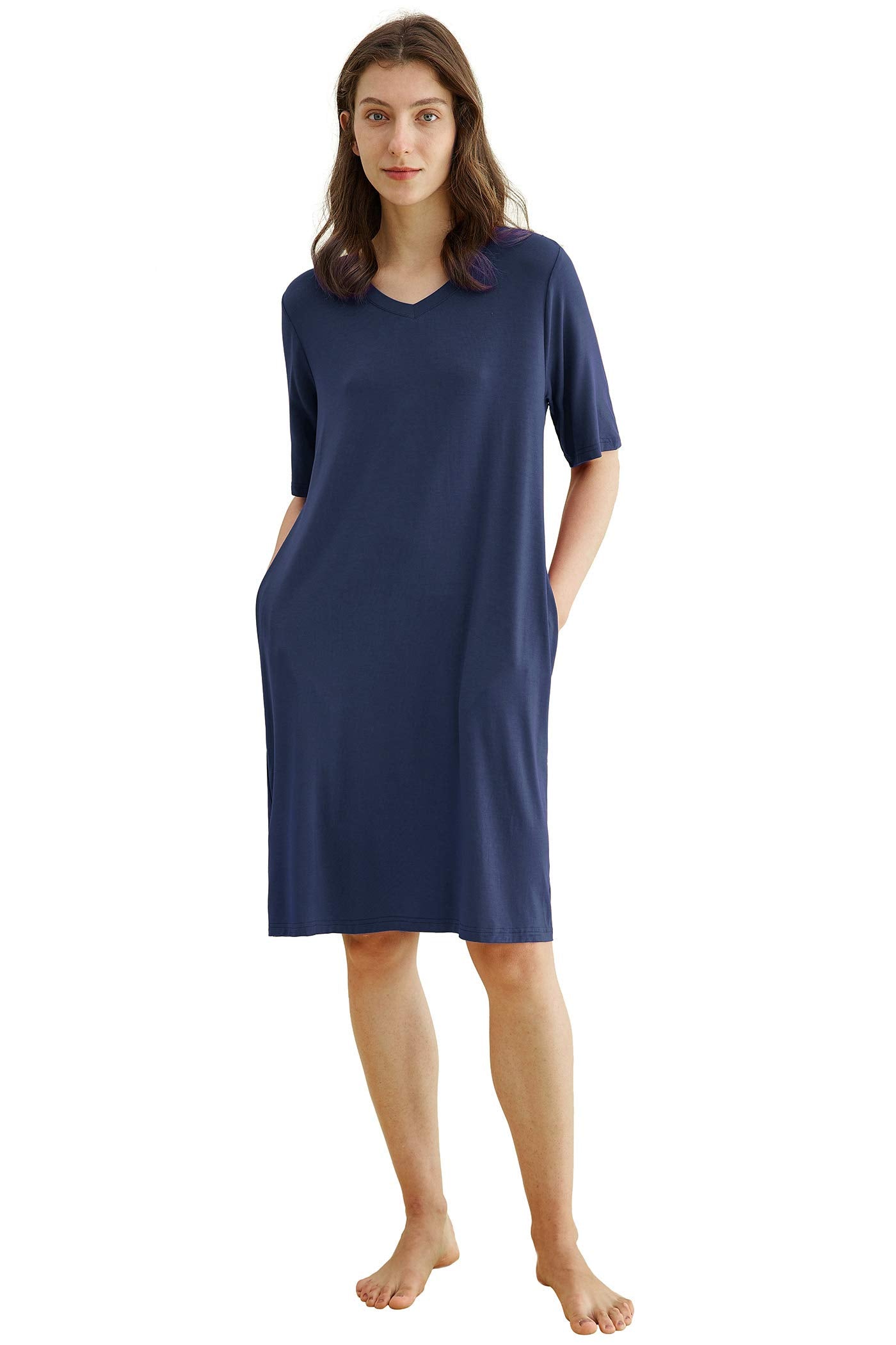 Women's Bamboo Viscose Nightgown V-Neck Sleep Shirt with Pockets - Latuza