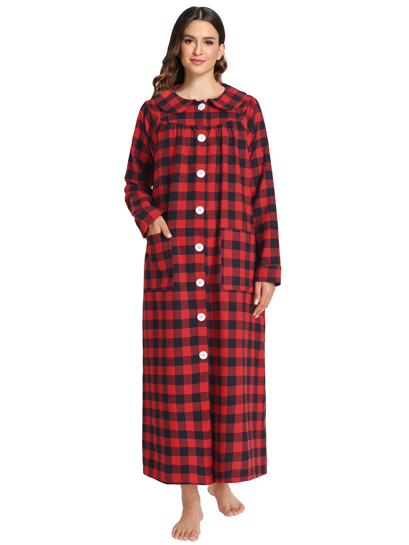 Women's Cotton Flannel Button Up Robe Long Sleeves Housecoat - Latuza