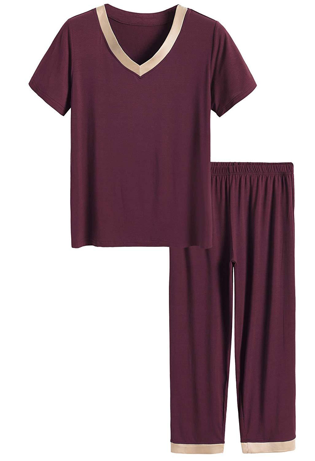 Women's Bamboo Sleepwear Short Sleeves Top with Pants Pajama Set - Latuza