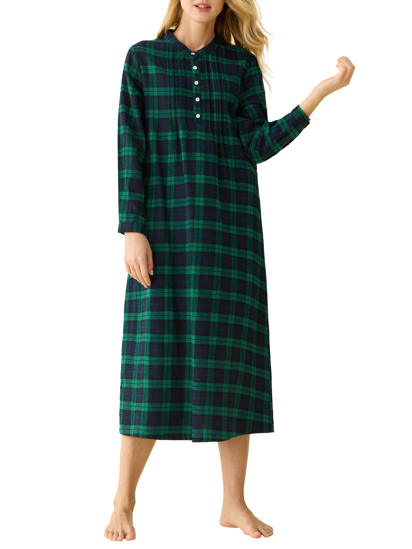 Women's Cotton Plaid Flannel Nightgown Long Sleeves Pleated Gown with Pockets - Latuza