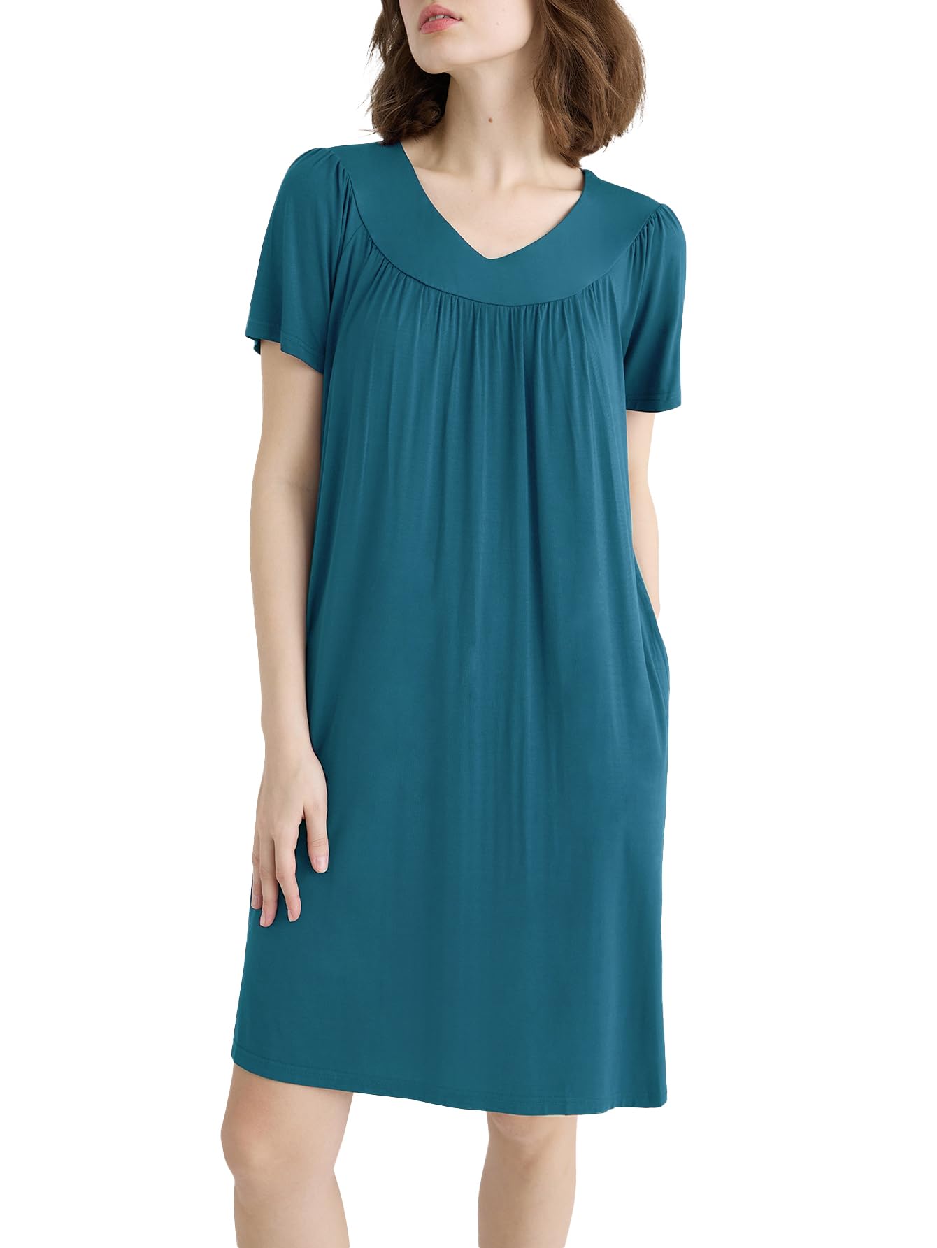 Women's V Neck Short Sleeves Knee Length Nightgown with Pockets - Latuza