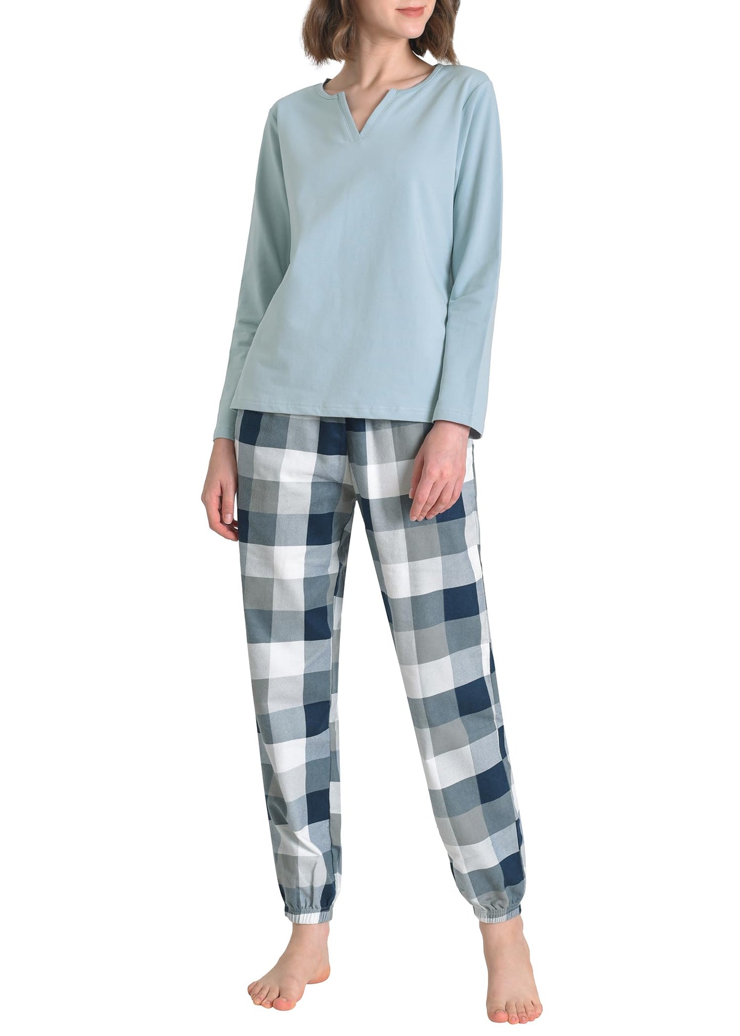 Women's 2 Piece Pajama Lounge Set Long Sleeves Top Flannel Plaid Joggers - Latuza