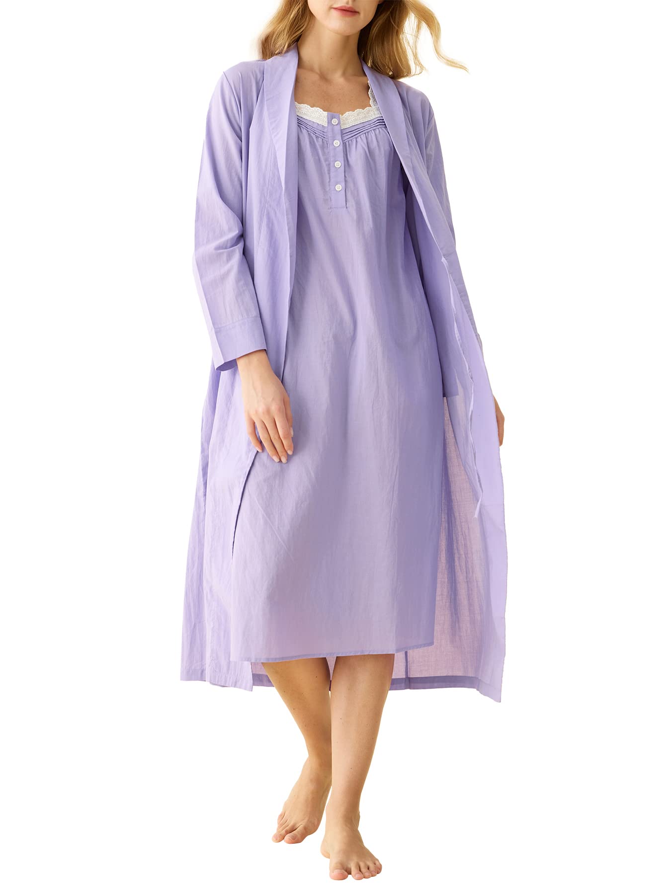 Women's Sleeveless Cotton Nightgown with Matching Long Robe Set  - Latuza