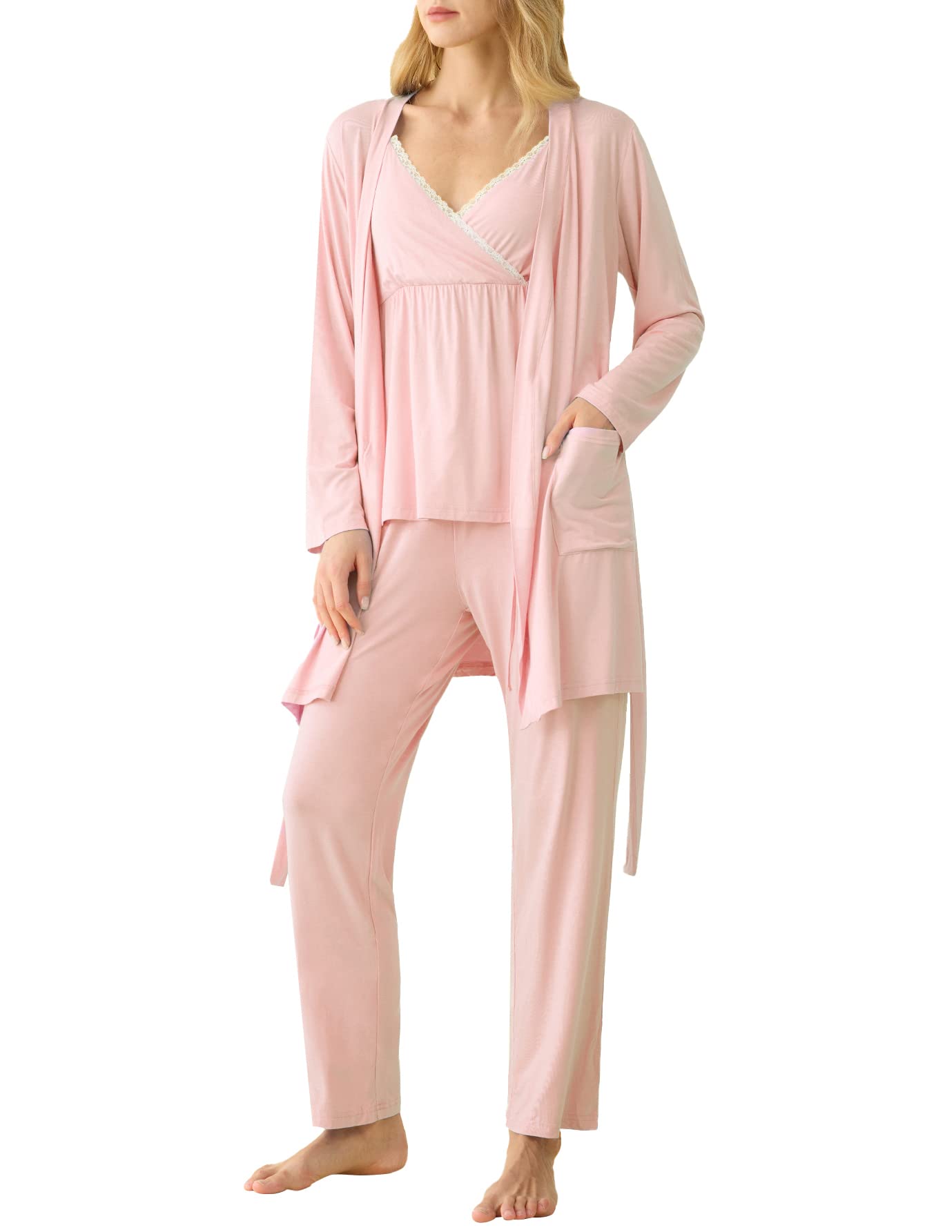 Women's Bamboo Viscose 3 Piece Nursing Pajama Set with Robe - Latuza