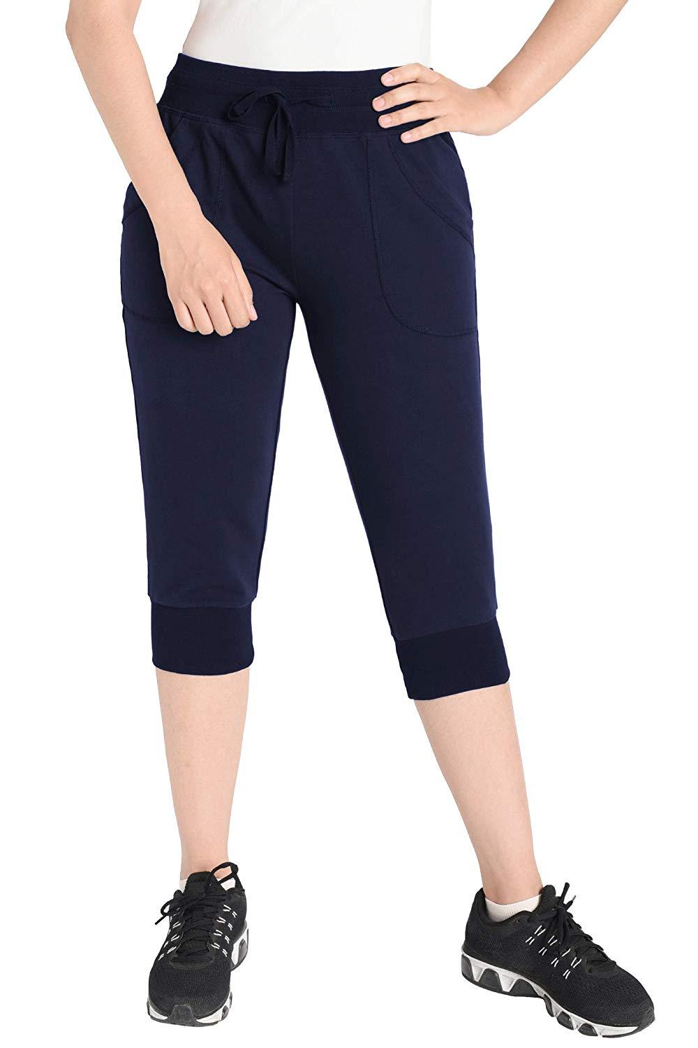 Women's Cotton Sweatpants Jersey Capri Pants with Pockets - Latuza