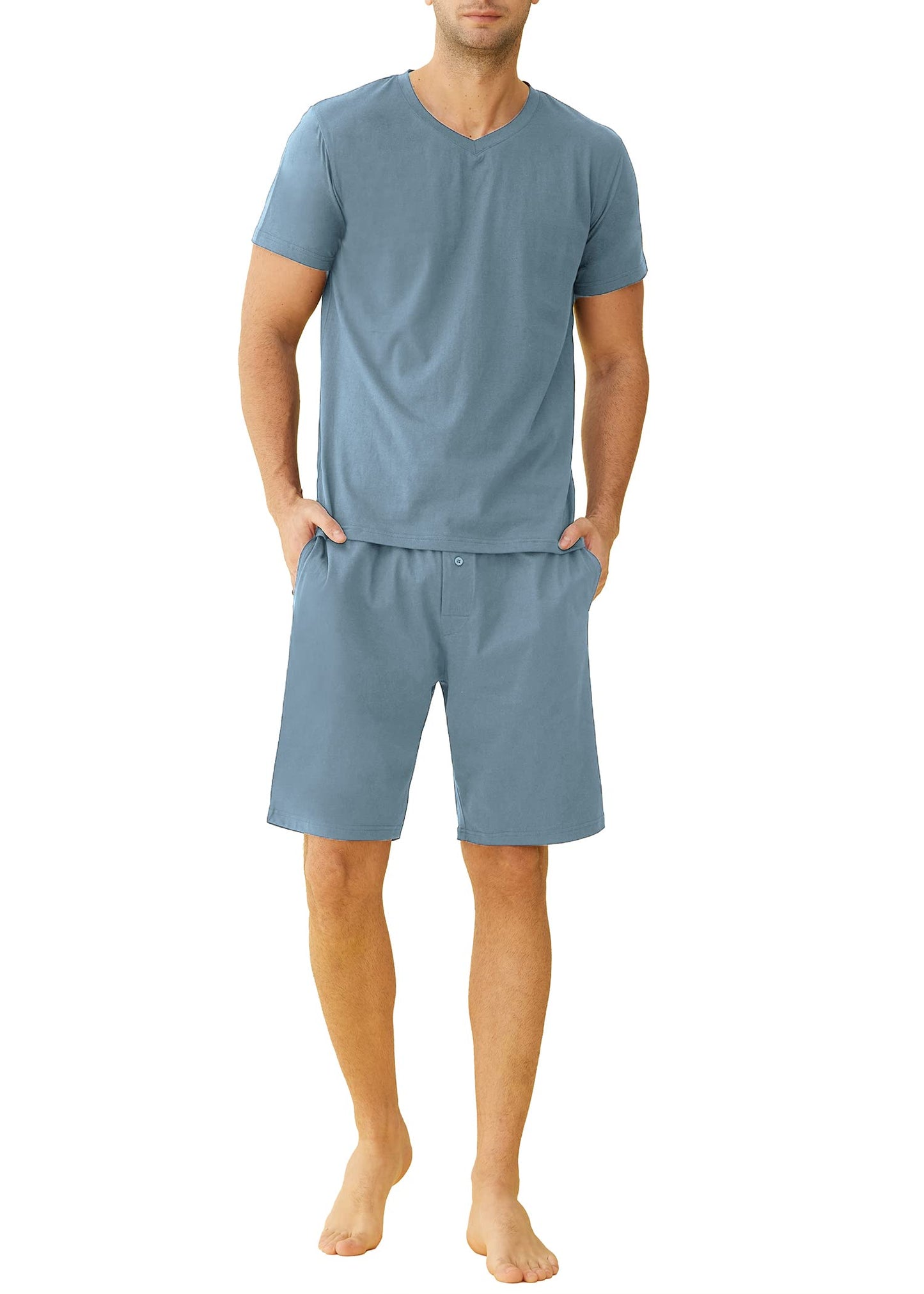 Men's Cotton Shirt with Shorts Pajama Set Knit Lounge Set - Latuza