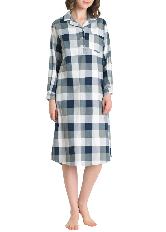 Women's Flannel Nightgown Soft Cotton Long Sleeve Midi Length - Latuza