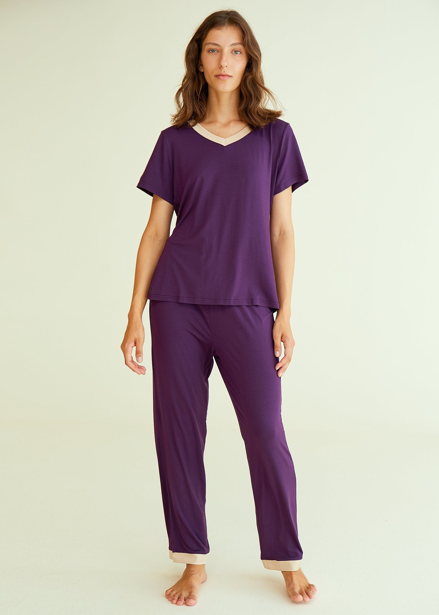 Women's V-Neck Sleepwear Short Sleeves Top with Pants Pajama Set