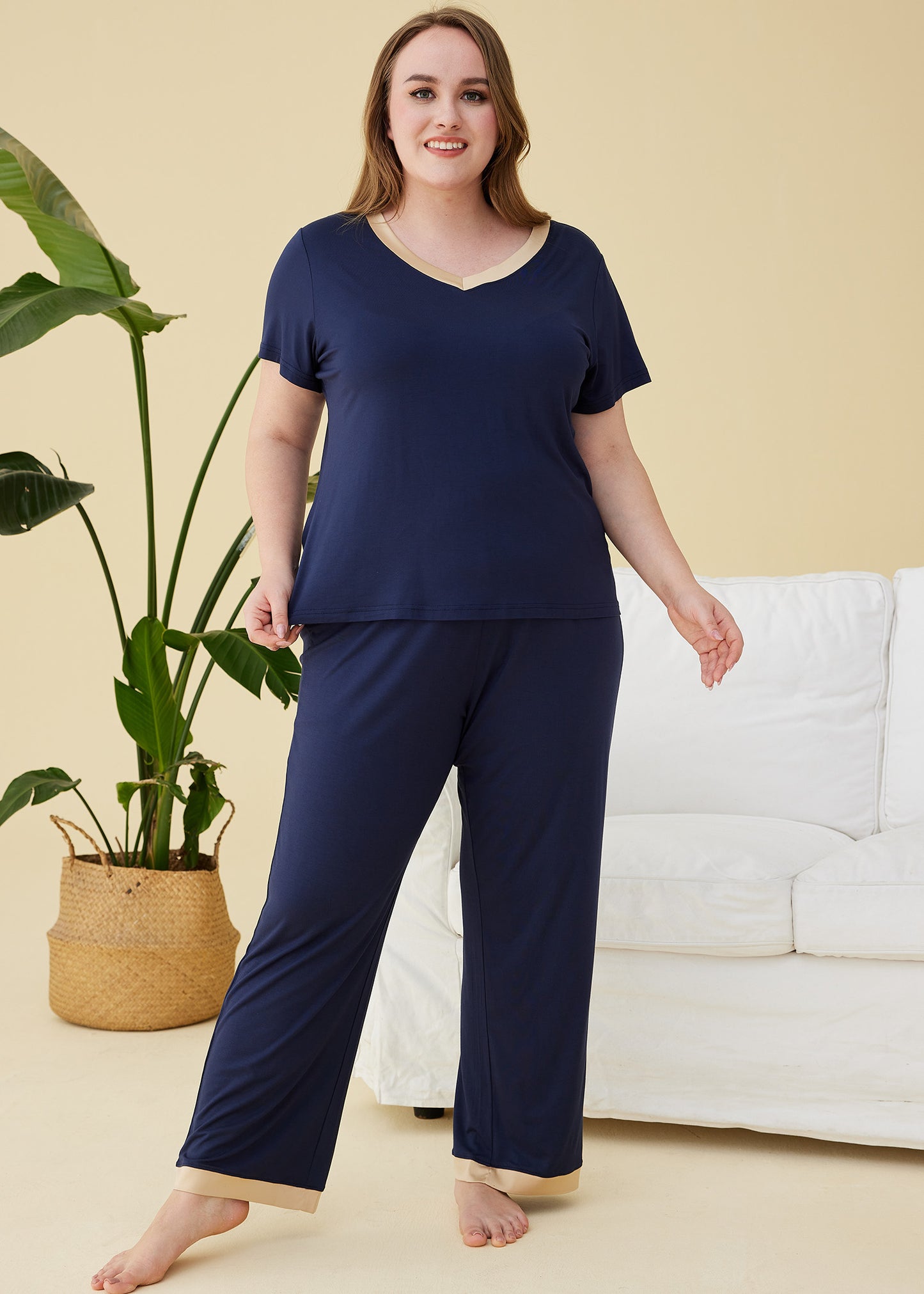 Women's Bamboo Sleepwear Short Sleeves Top with Pants Pajama Set