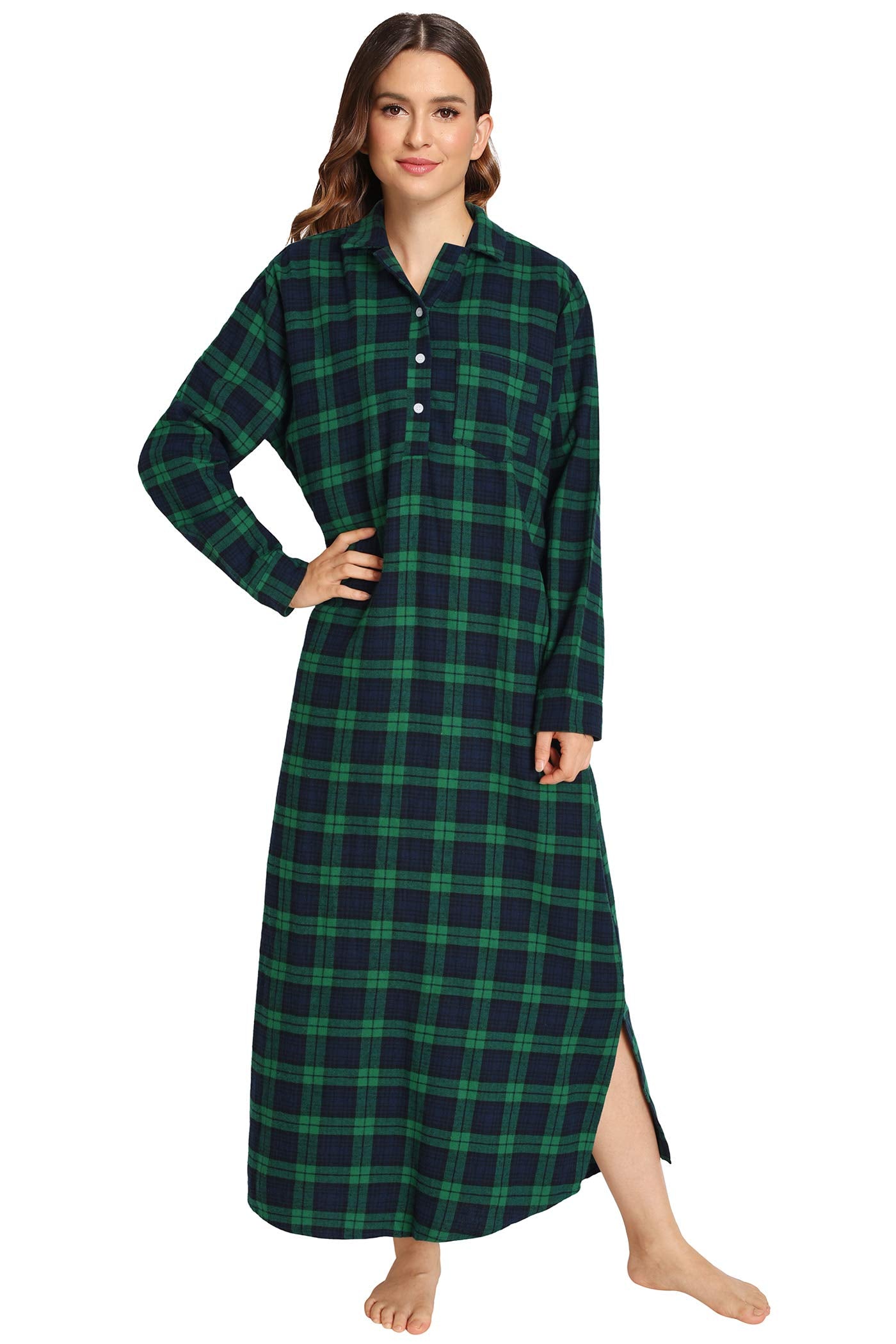 Women's Plaid Flannel Nightgowns Full Length Sleep Shirts - Latuza