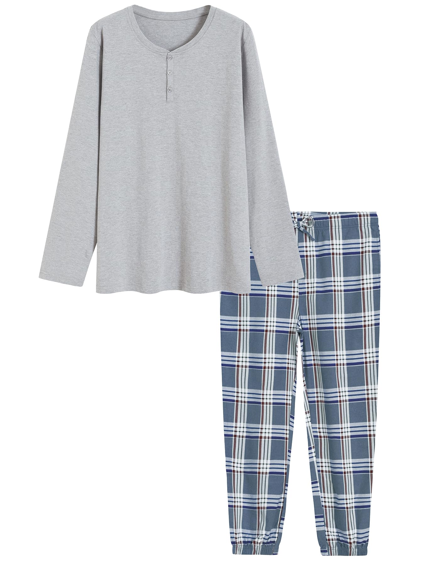 Men's Cotton Pajama Set Long Sleeve Henley Top Flannel Pants with Pockets - Latuza