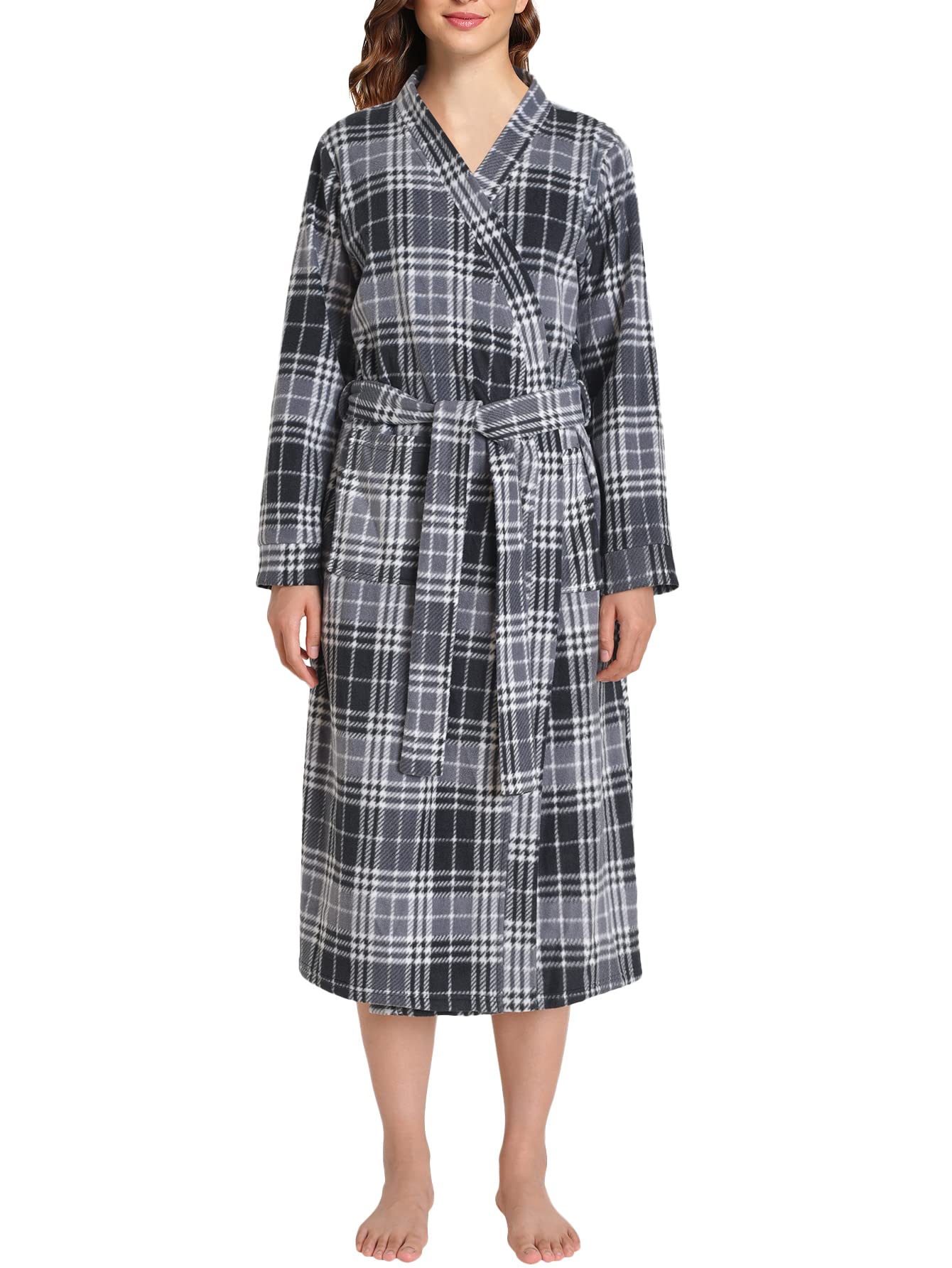 Women's Warm Fleece Kimono Robe Long Sleeves Bathrobe - Latuza