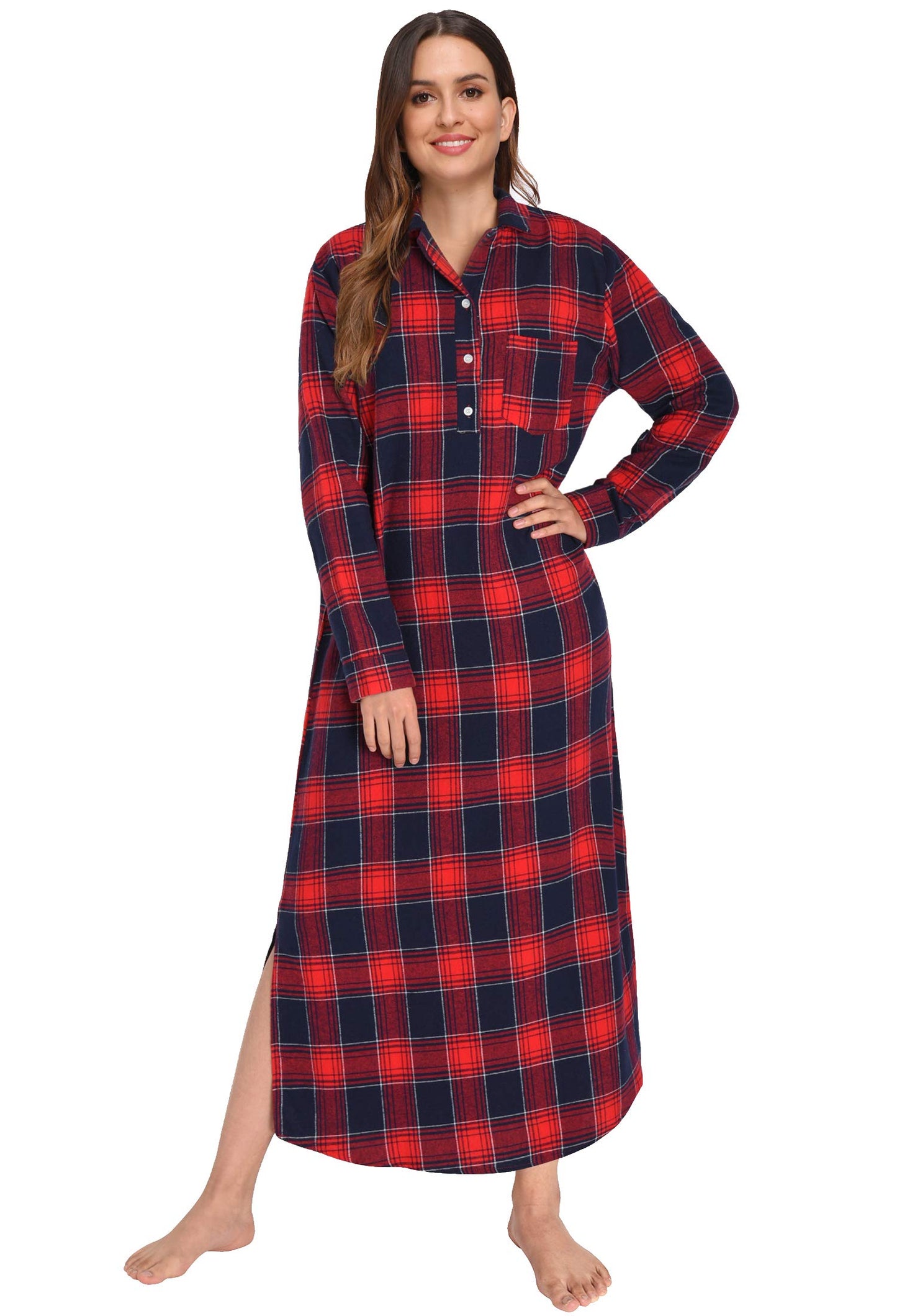 Women's Plaid Flannel Nightgowns Full Length Sleep Shirts - Latuza