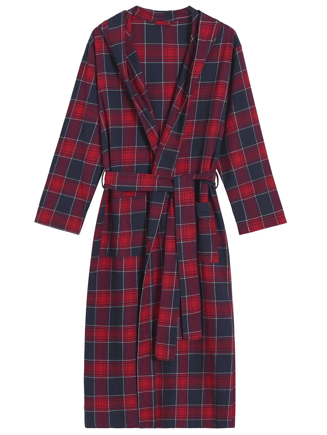 Men's Cotton Flannel Long Robe Full Length Plaid Bathrobe - Latuza