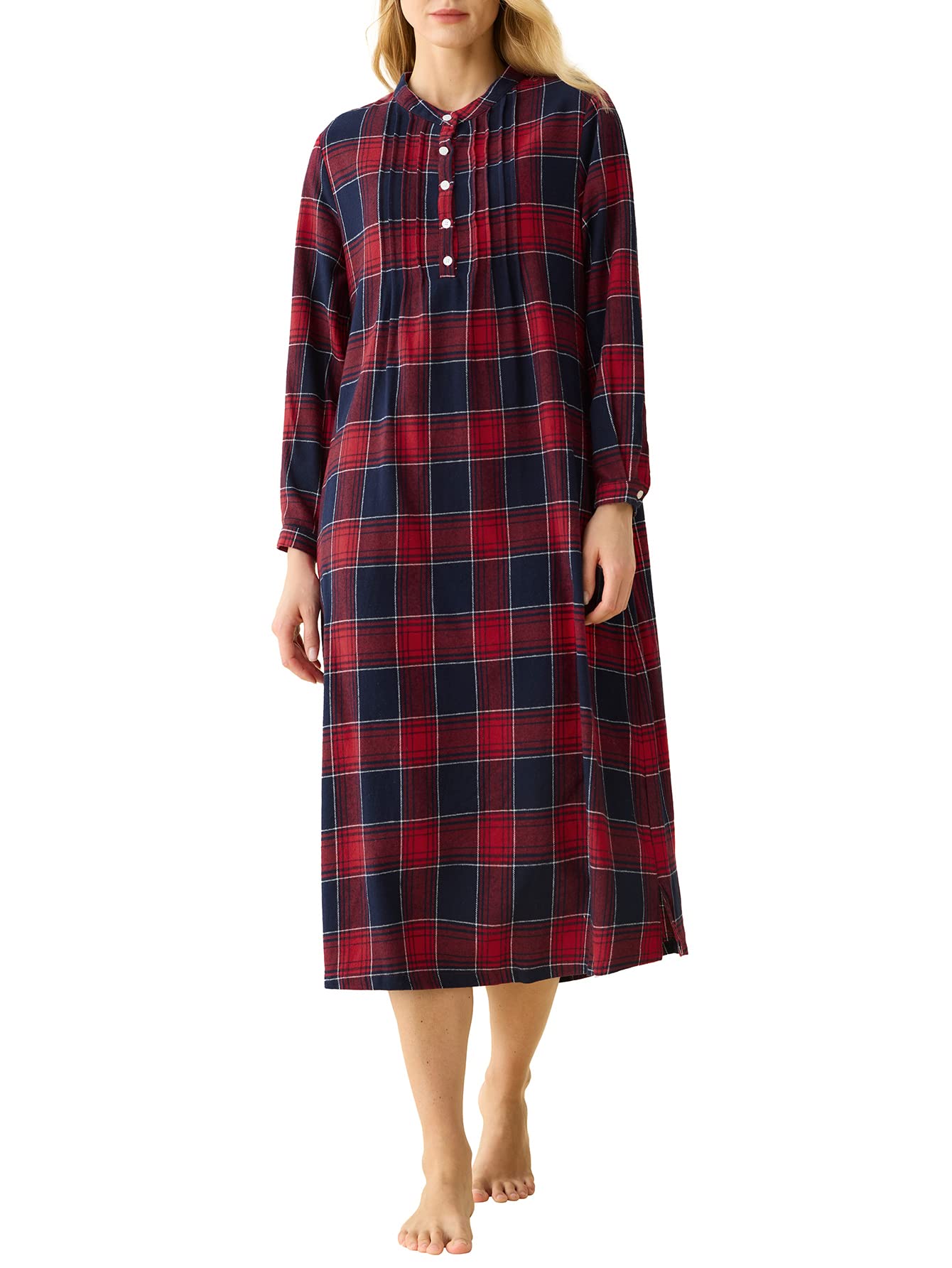 Women's Cotton Plaid Flannel Nightgown Long Sleeves Pleated Gown with Pockets - Latuza