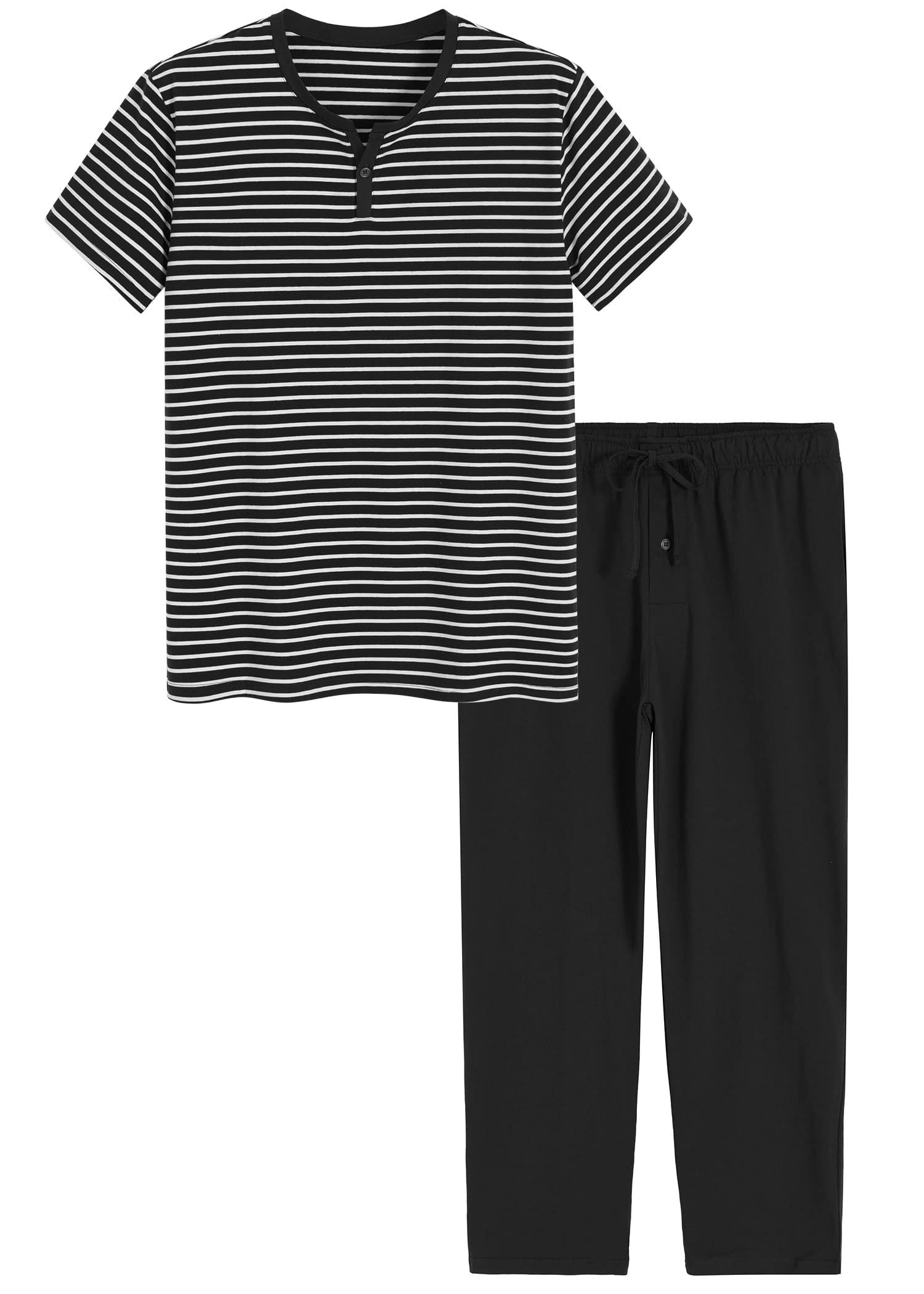 Men's Cotton Pajamas Set Striped Top Sleep Pants with Pockets - Latuza