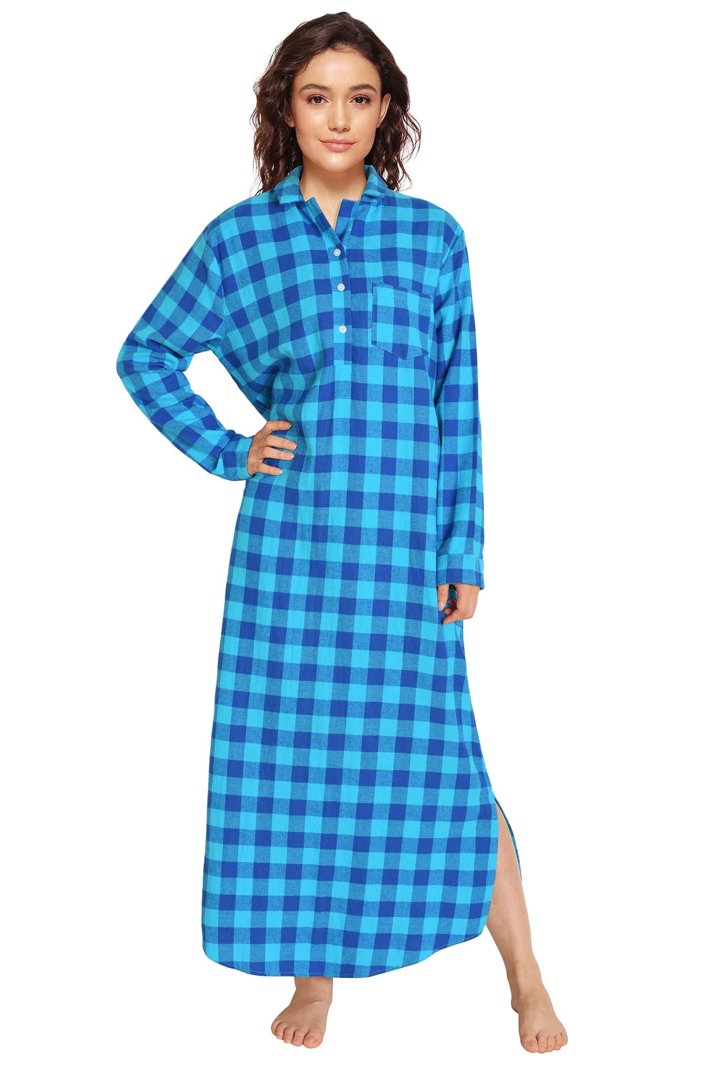 Women's Plaid Flannel Nightgowns Full Length Sleep Shirts - Latuza