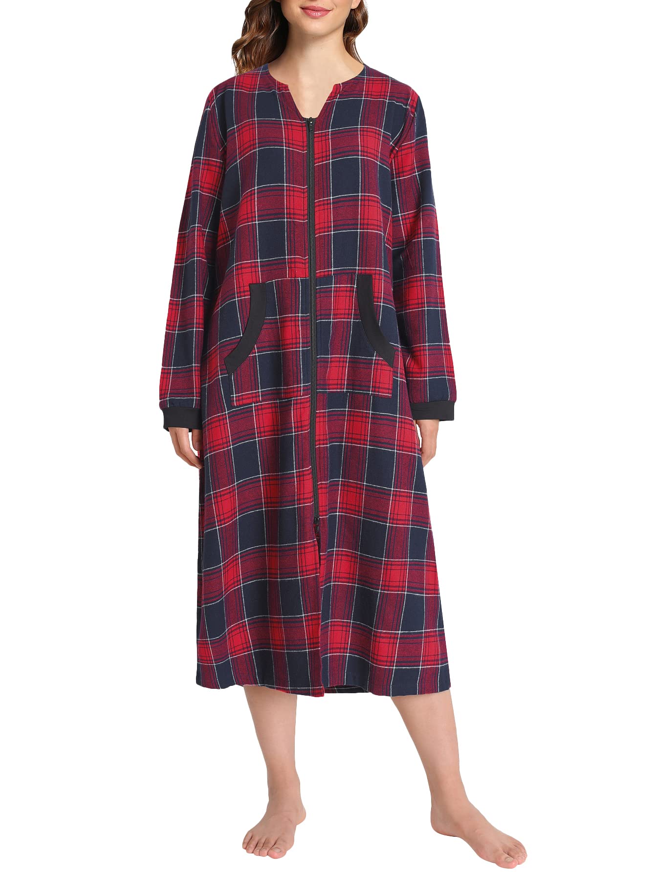 Women's Cotton Plaid Nightgown Long Flannel Zipper Nightgown - Latuza