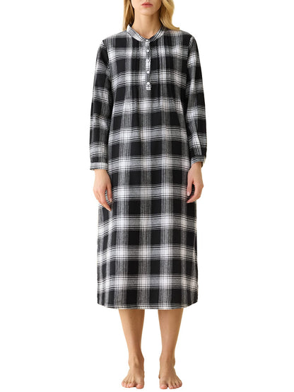 Women's Cotton Plaid Flannel Nightgown Long Sleeves Pleated Gown with Pockets - Latuza