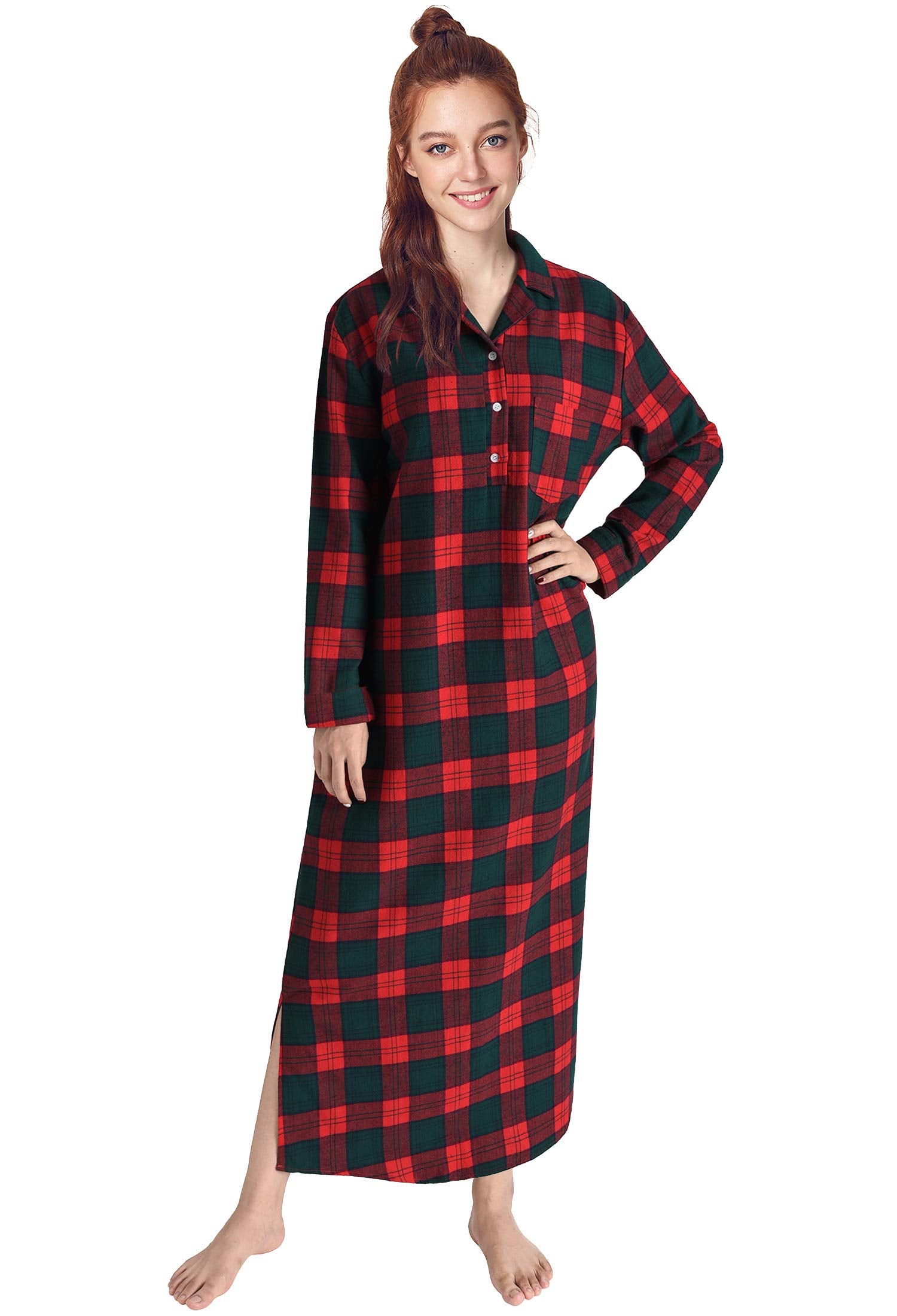 Women's Plaid Flannel Nightgowns Full Length Sleep Shirts - Latuza