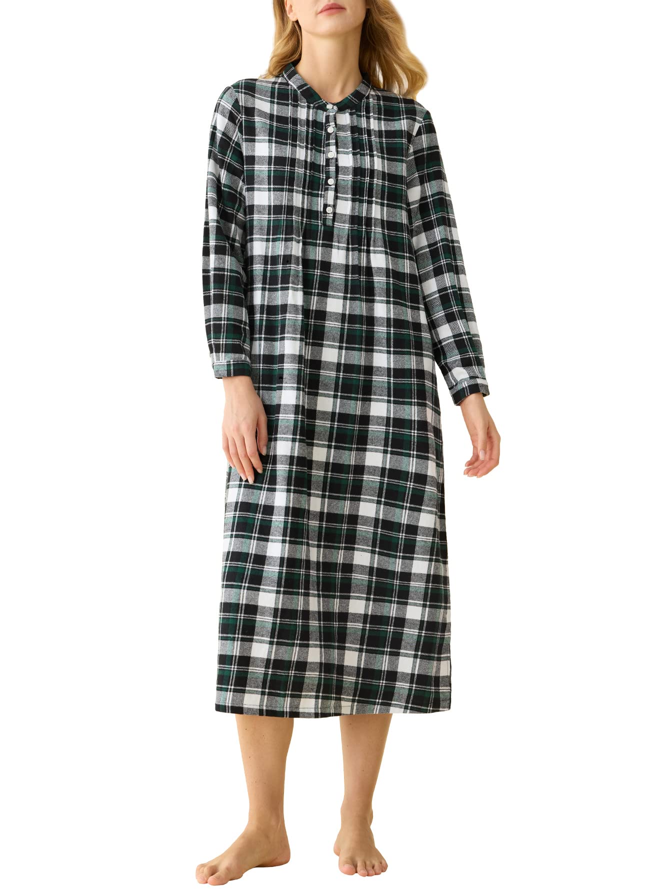 Women's Cotton Plaid Flannel Nightgown Long Sleeves Pleated Gown with Pockets - Latuza