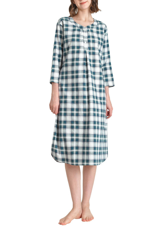 Women's Cotton Flannel Nightgown Plaid Long Nightshirt with Pockets - Latuza