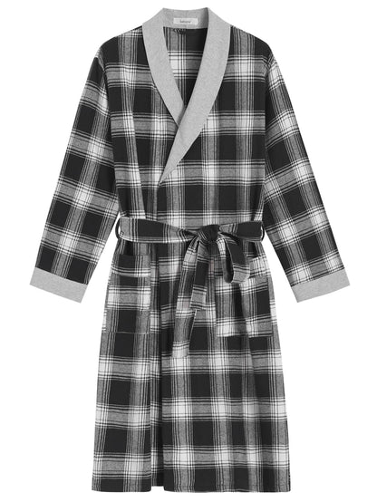 Men's Cotton Flannel Robe Knee Length Plaid Bathrobe - Latuza