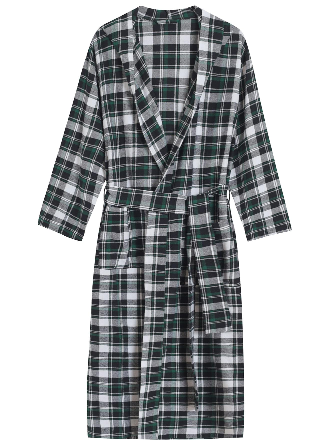 Men's Cotton Flannel Long Robe Full Length Plaid Bathrobe - Latuza