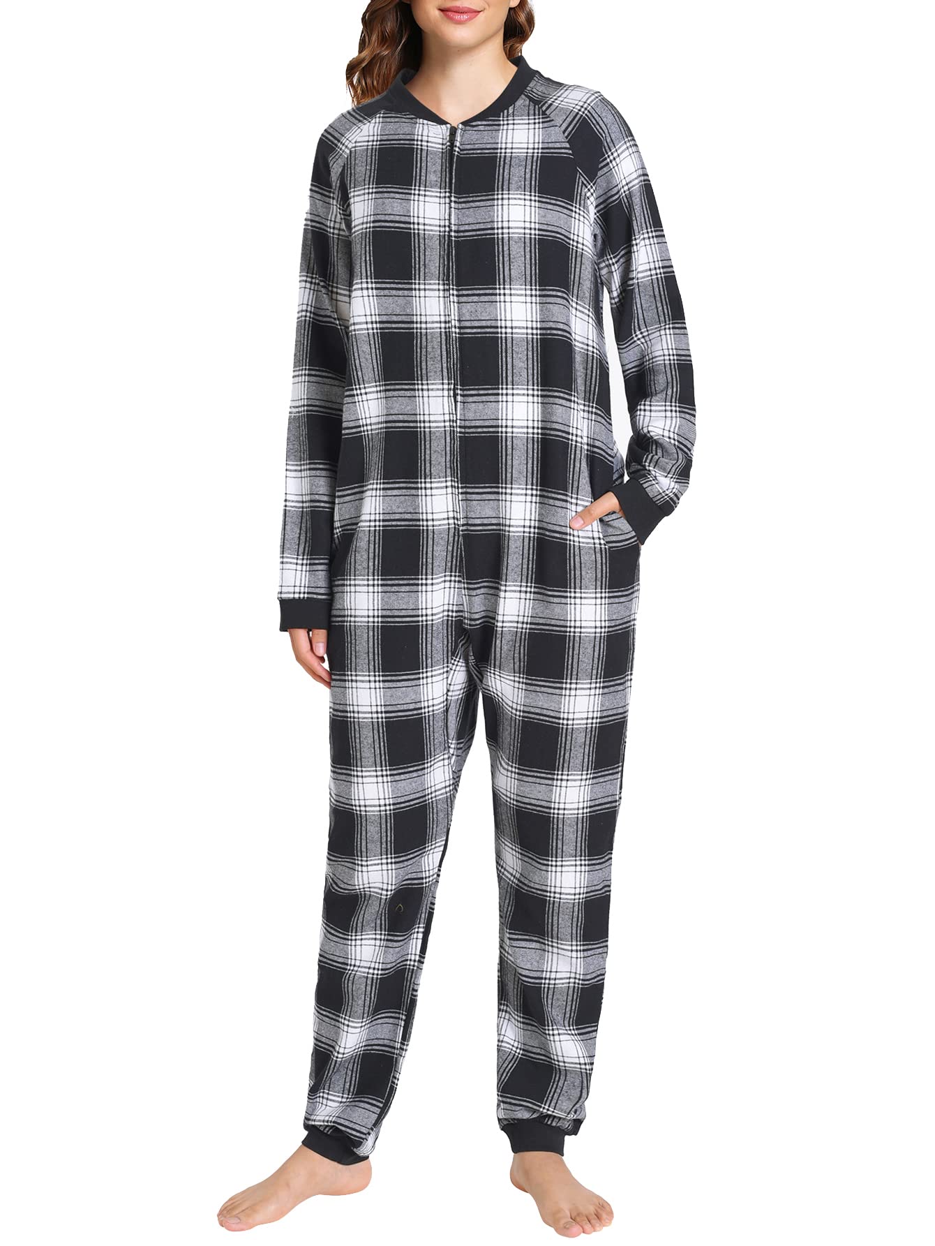 Women's Flannel Zipper Onesie Long Sleeves Pajama Jumpsuit - Latuza