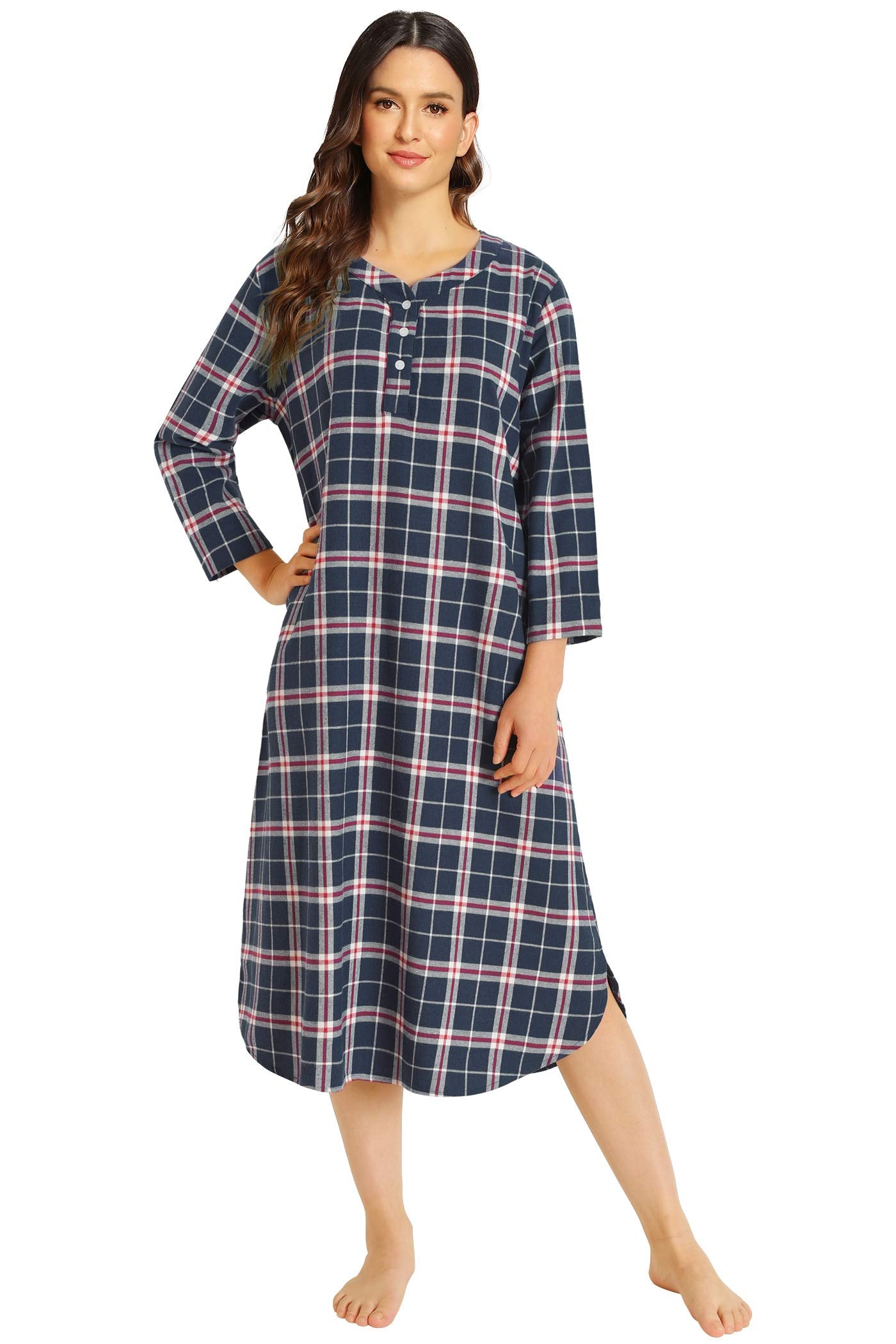 Women's Plaid Flannel Nightgown Warm Cotton Midi Nightgown - Latuza