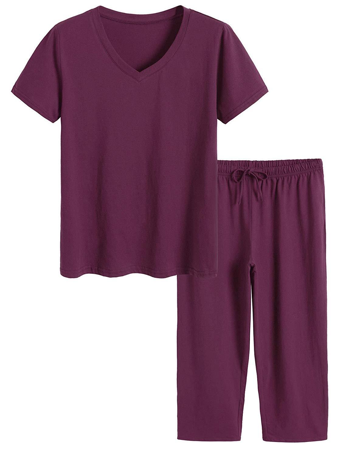 Women's Cotton Pajamas Set Tops and Capri Pants Sleepwear - Latuza