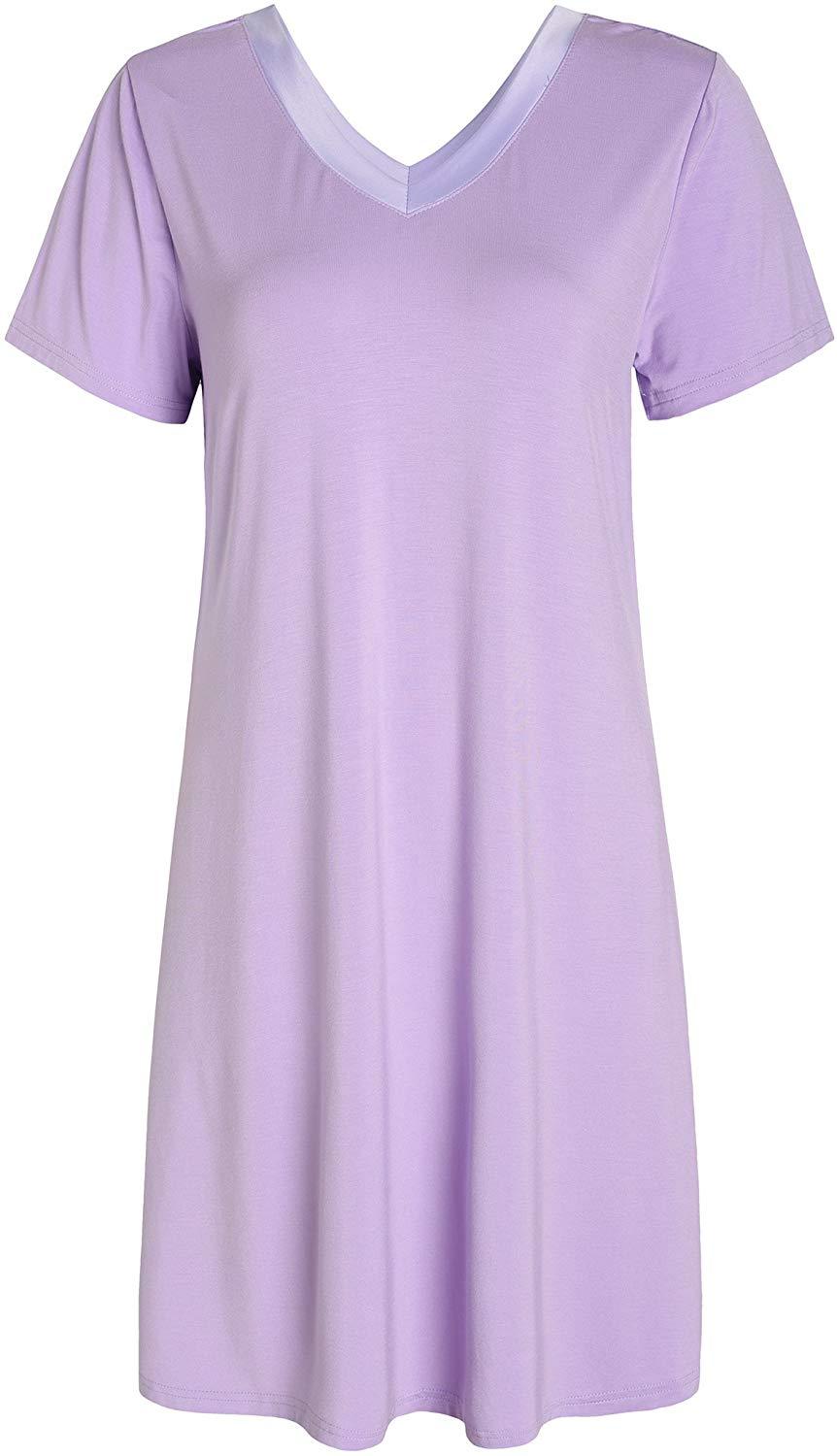 Women's V-Neck Bamboo Sleep Night Shirt Dress Jersey Nightgown - Latuza