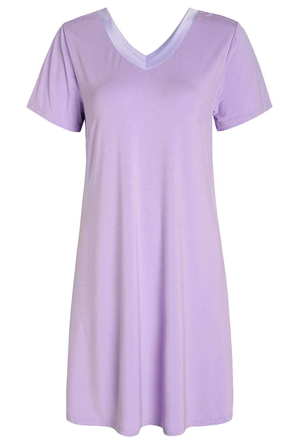 Women's V-Neck Bamboo Sleep Night Shirt Dress Jersey Nightgown - Latuza