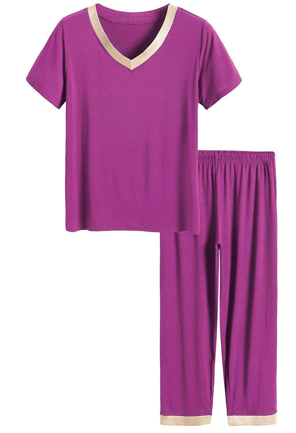 Women's Bamboo Sleepwear Short Sleeves Top with Pants Pajama Set - Latuza