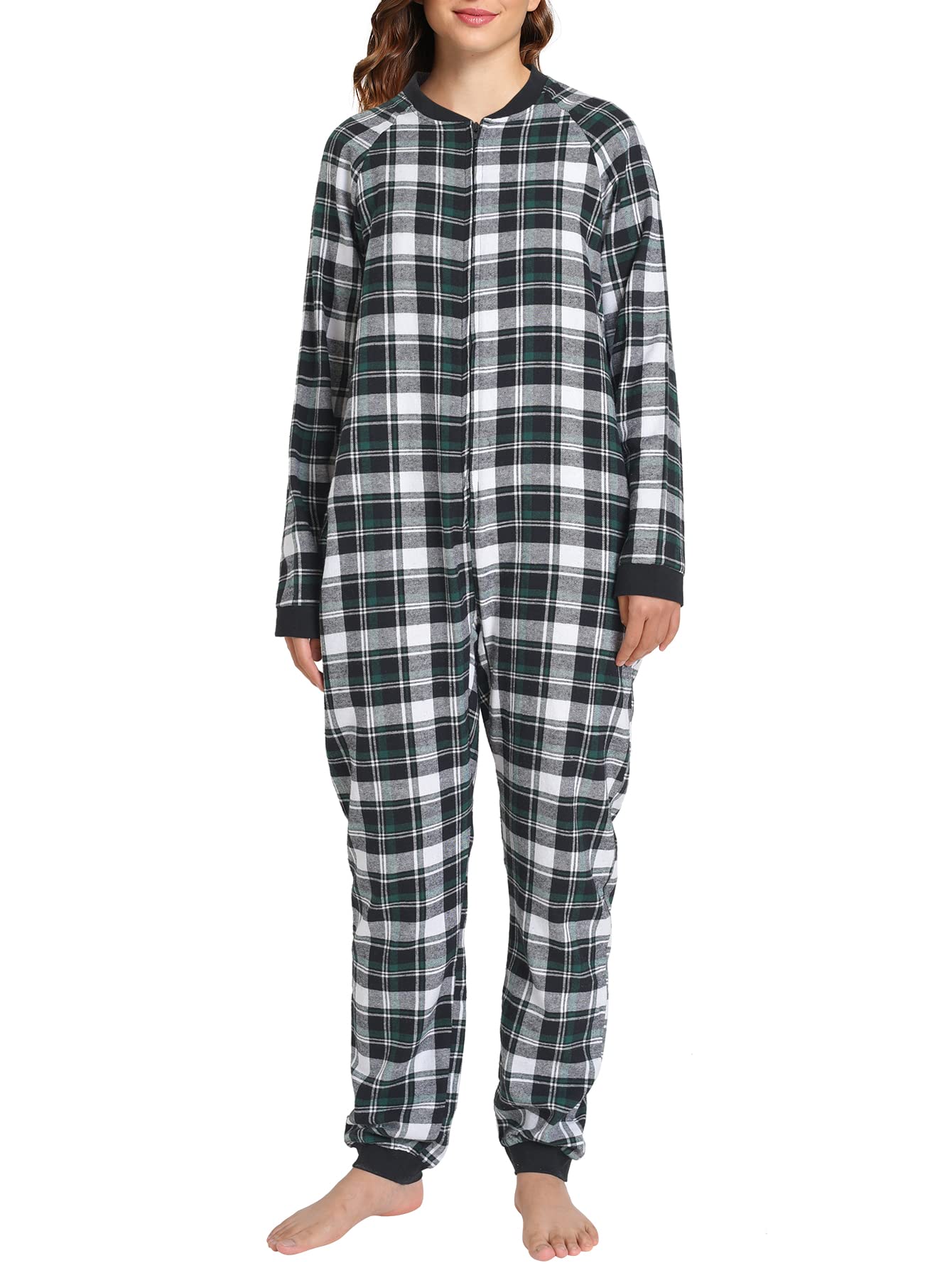 Women's Flannel Zipper Onesie Long Sleeves Pajama Jumpsuit - Latuza