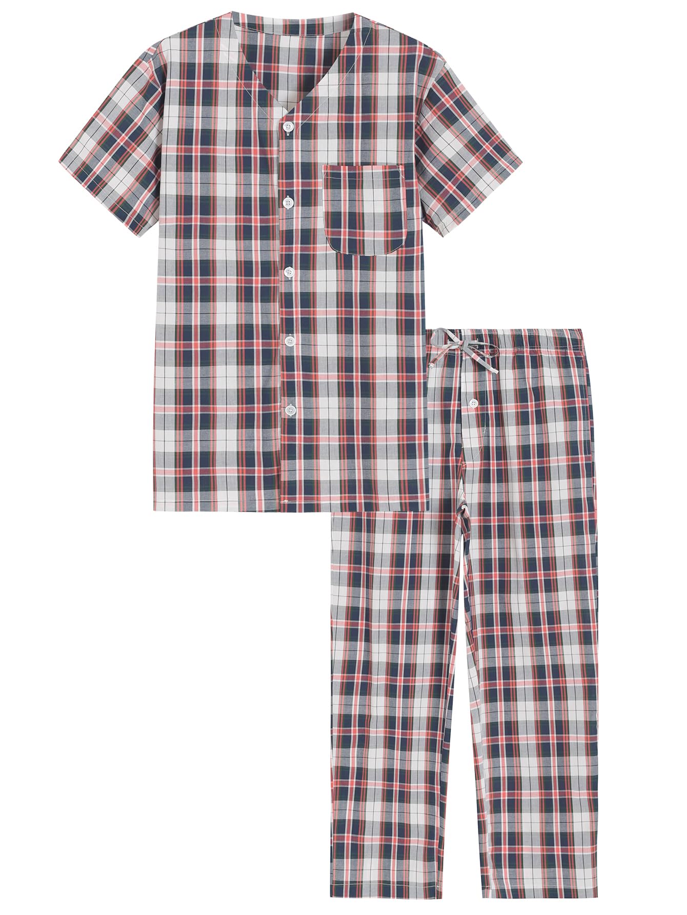 Men's Cotton Pajamas Set Button Up Shirt and Pants for Summer - Latuza