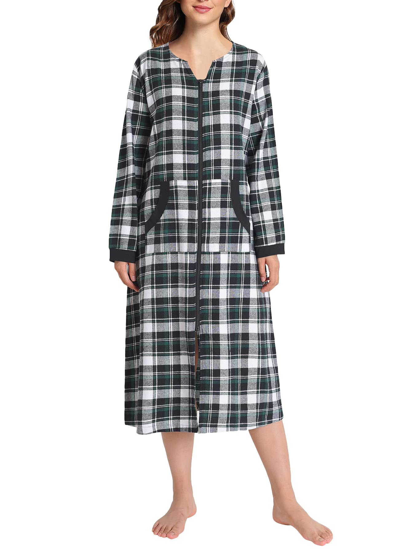 Women's Cotton Plaid Nightgown Long Flannel Zipper Nightgown - Latuza