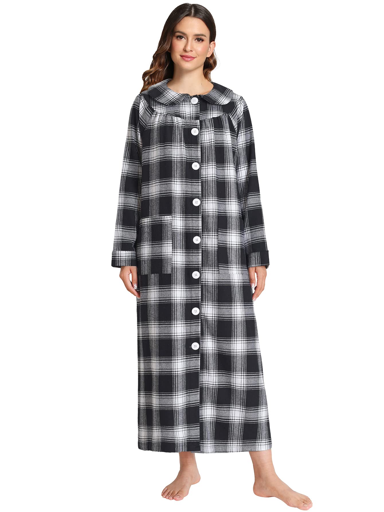 Women's Cotton Flannel Button Up Robe Long Sleeves Housecoat - Latuza