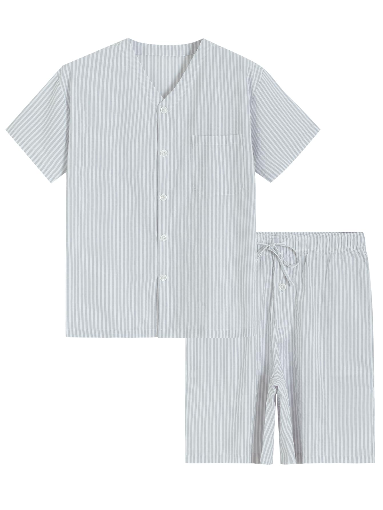 Men's Lightweight Cotton Pajamas Set Seersucker Button Down Short PJs Set - Latuza